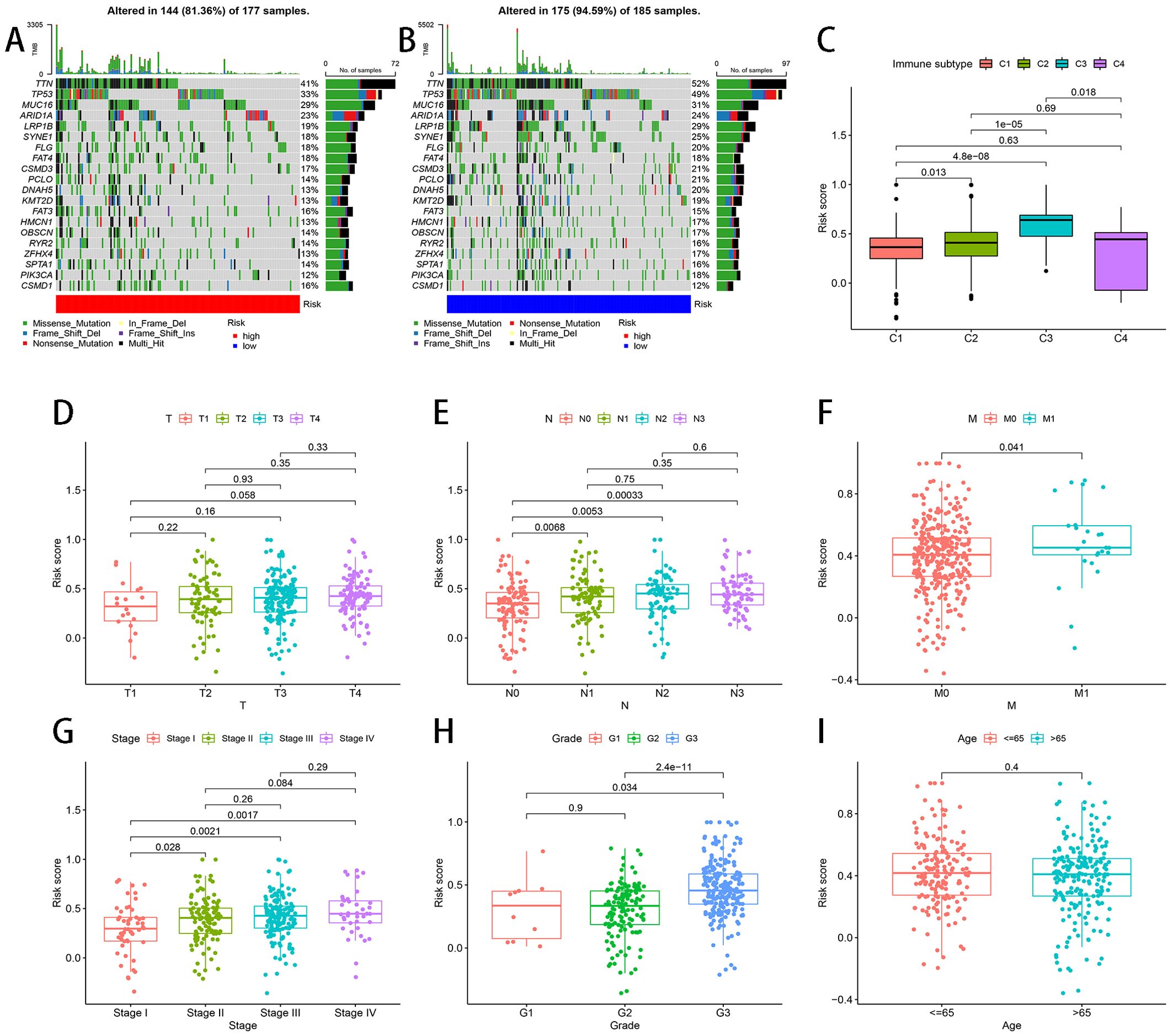 Nine-panel figure displaying genetic alterations and risk scores across various conditions. Panels A and B show genetic mutation data for two sample groups. Panel C illustrates a box plot comparing risk scores across four immune subtypes. Panels D to I show box plots comparing risk scores based on tumor stage, lymph node involvement, metastasis, cancer stage, grade, and age groups. Statistical significance is indicated between groups with p-values.