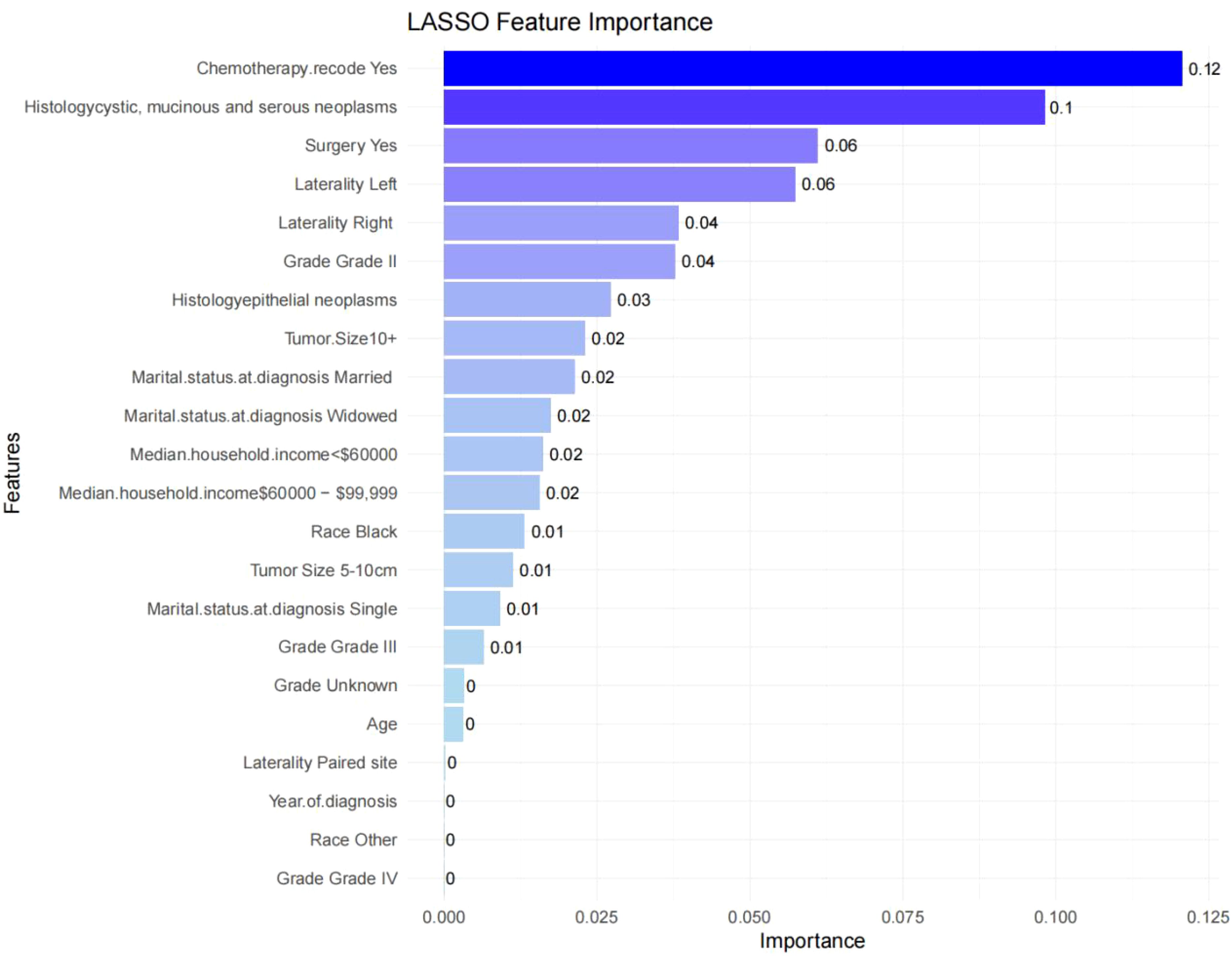 Bar chart titled “LASSO Feature Importance” displaying the importance of various features. “Chemotherapy recode Yes” has the highest importance at 0.12, followed by “Histologycystic, mucinous and serous neoplasms” at 0.10 and “Surgery Yes” at 0.06. Other features show descending importance values, with several at 0.02 and some at 0.01 or 0, indicating less significance.