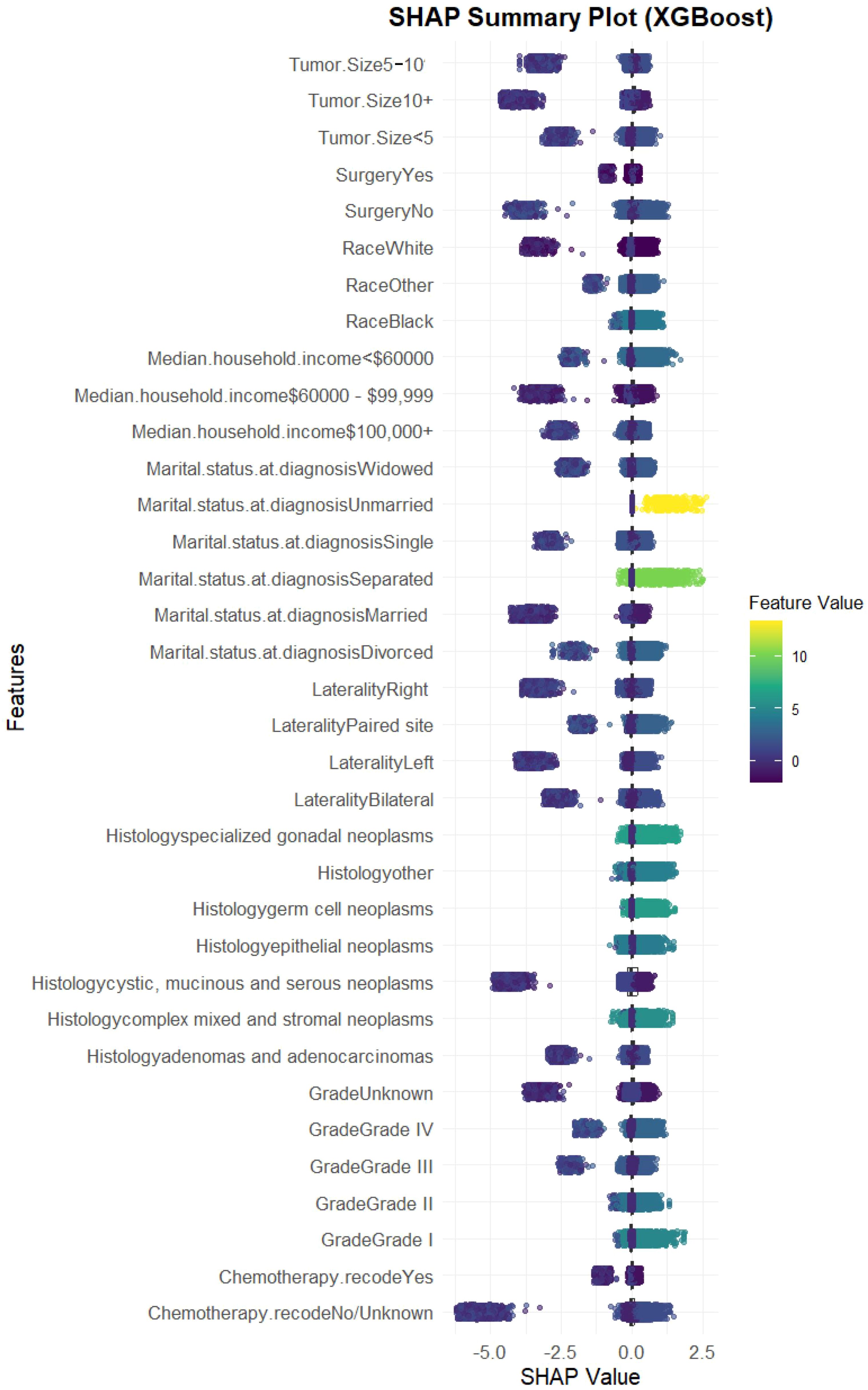SHAP summary plot for XGBoost model showing the impact of various features on predictions. Features include tumor size, surgery, race, income, marital status, laterality, histology, grade, and chemotherapy. Dots represent SHAP values for individual feature effects, with color indicating feature value magnitude. Tumor size and household income are among the influential features.