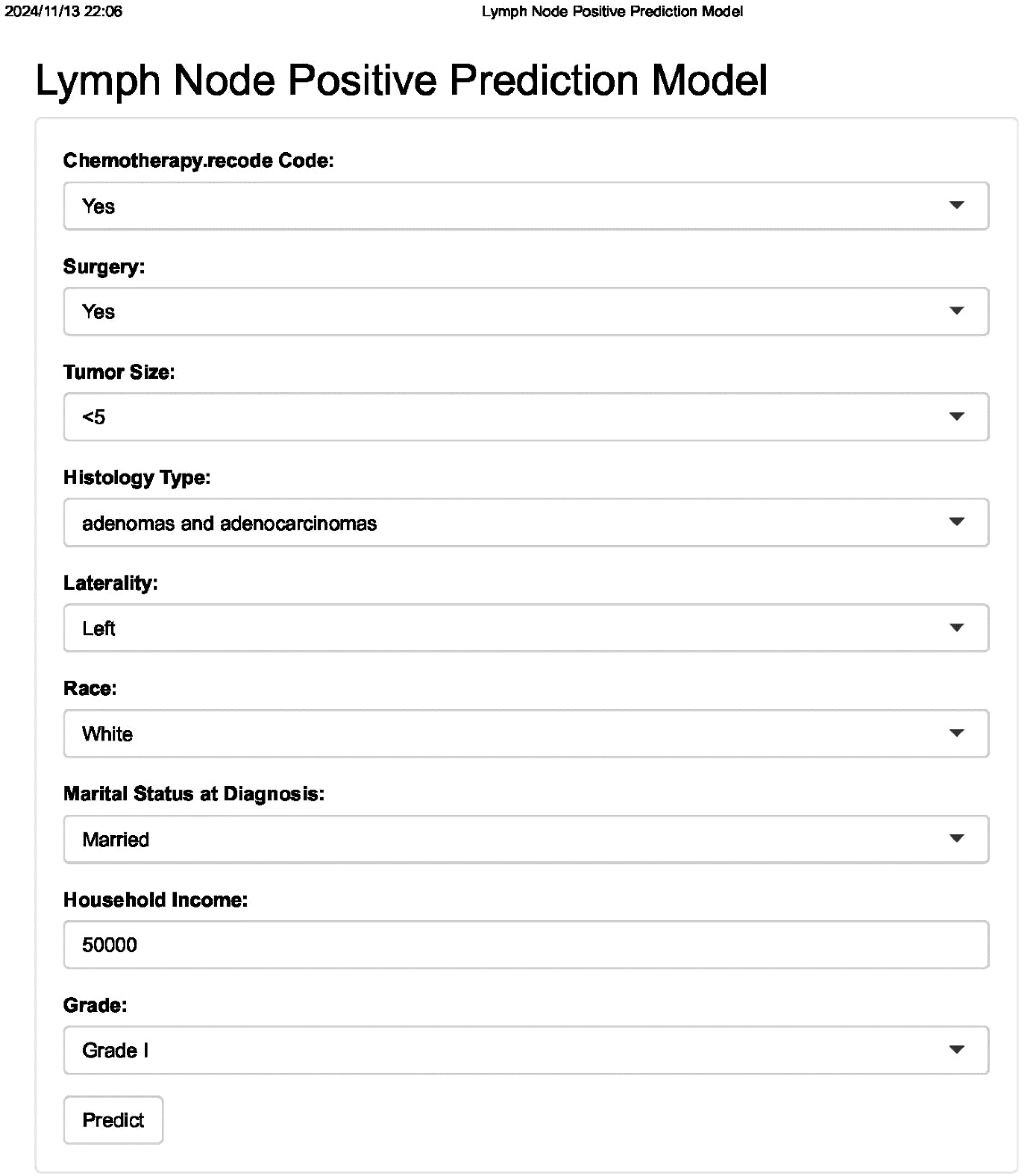 Form for a “Lymph Node Positive Prediction Model” showing dropdown selections and fields. Inputs include chemotherapy (
