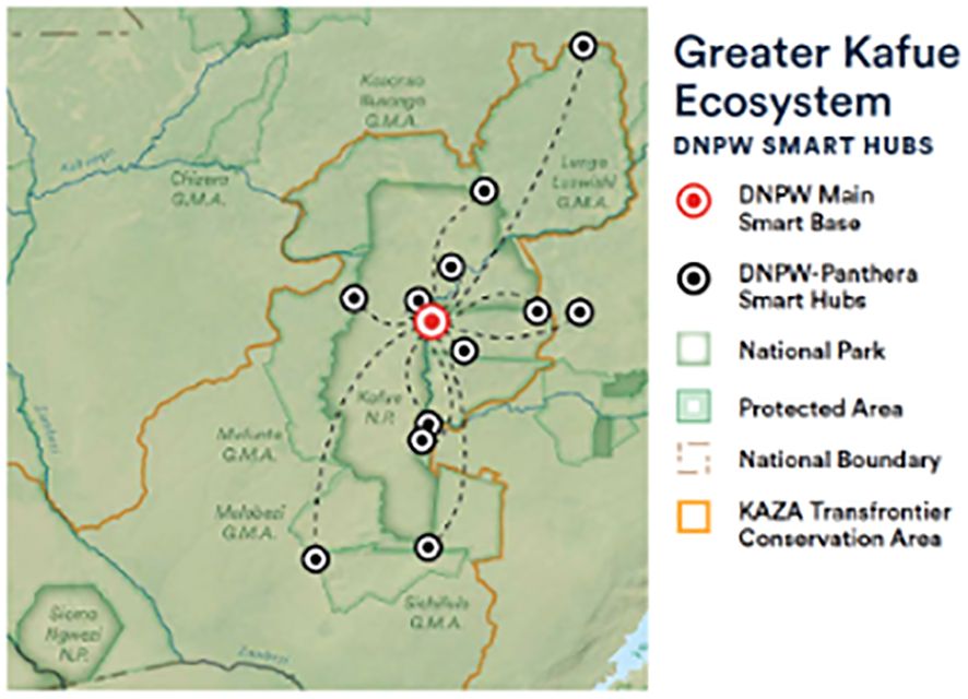 Map of the Greater Kafue Ecosystem in Zambia showing the Department of National Parks and Wildlife (DNPW) Smart Hubs network including main Smart Base, Smart Hubs, Kafue National Park and other protected areas within the KAZA Transfrontier Conservation Area.