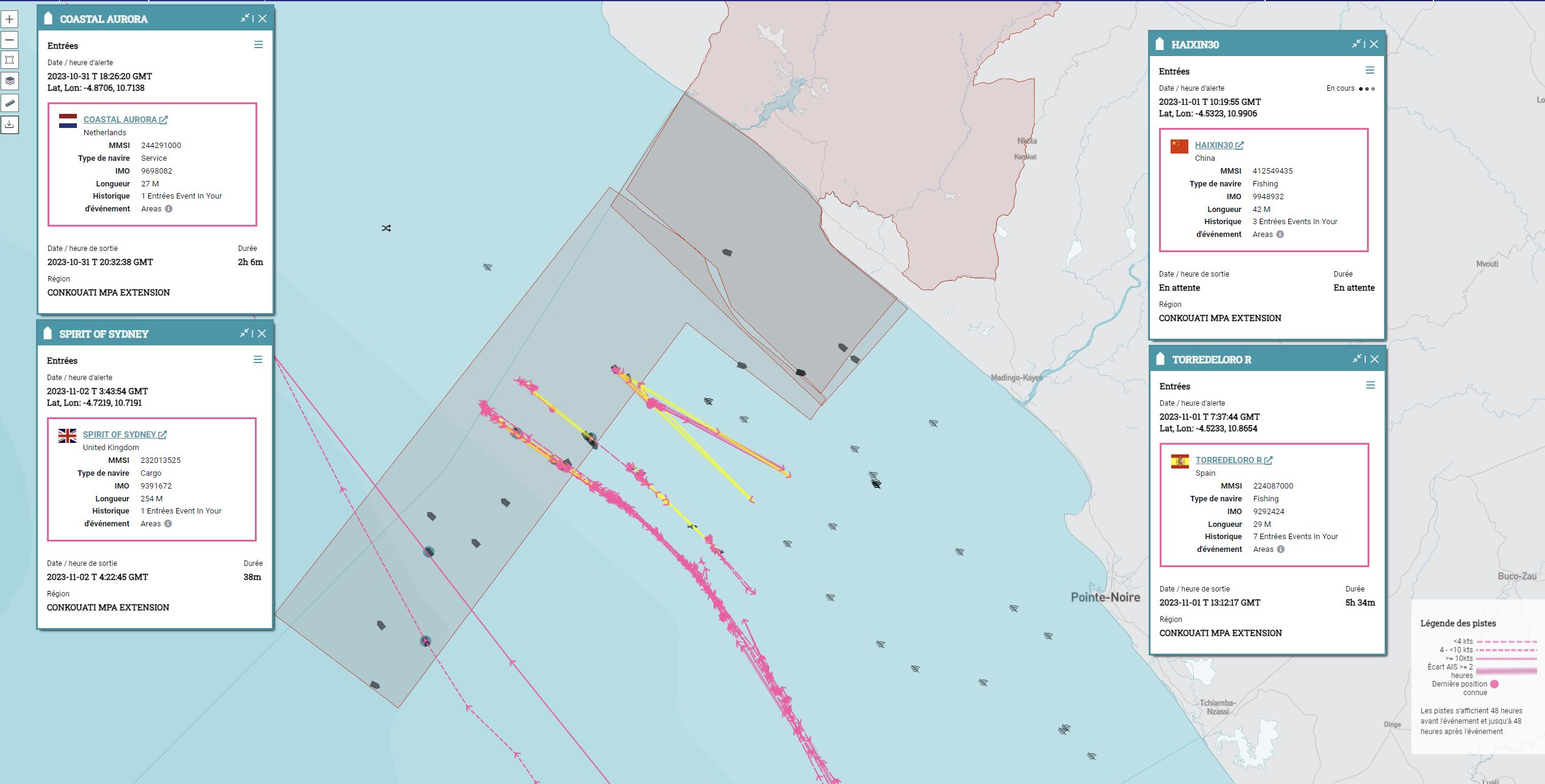 Visualization of marine traffic off the coast of the Republic of the Congo using Skylight showing tracklogs of detected vessels actively fishing inside the Conkouati Marine Protected Area Extension (pink and yellow lines of HAIXIN30 and TORREDOLORO operating closer to the mainland) compared with tracklogs of commercial vessels passing through (pink lines of COASTAL AURORA and SPIRIT OF SYDNEY operating further from mainland).
