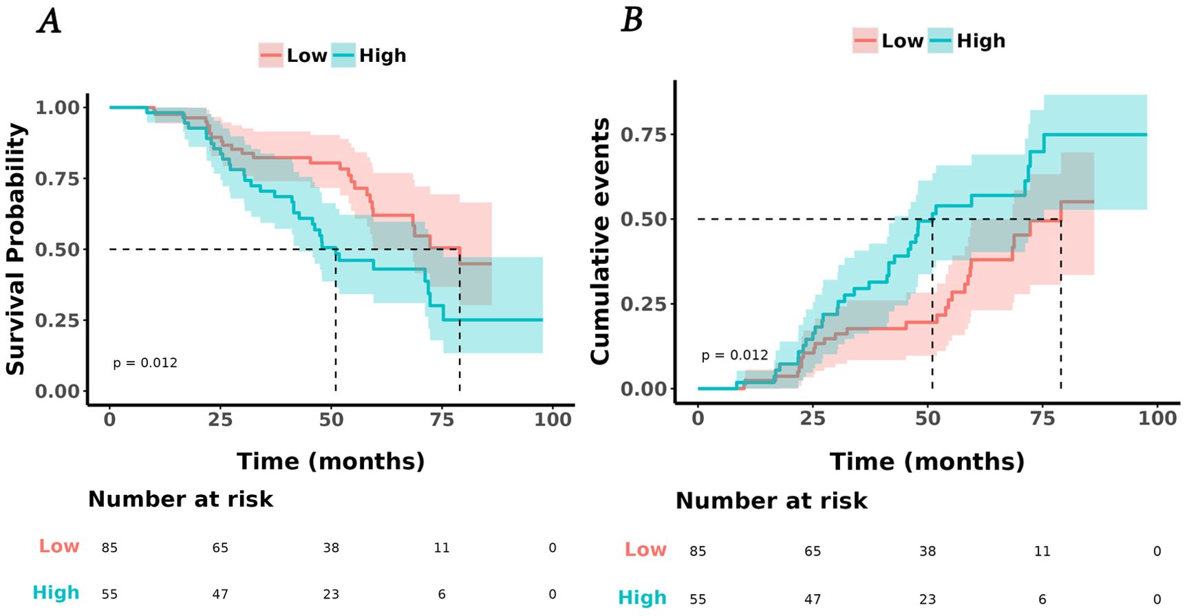 Panel A is a survival probability graph over time in months, comparing low and high groups, with shaded confidence intervals, featuring a p-value of 0.012. Panel B shows a cumulative events graph with the same groups and p-value, highlighting differences over time. The number at risk table lists participant counts for both groups at various time intervals.
