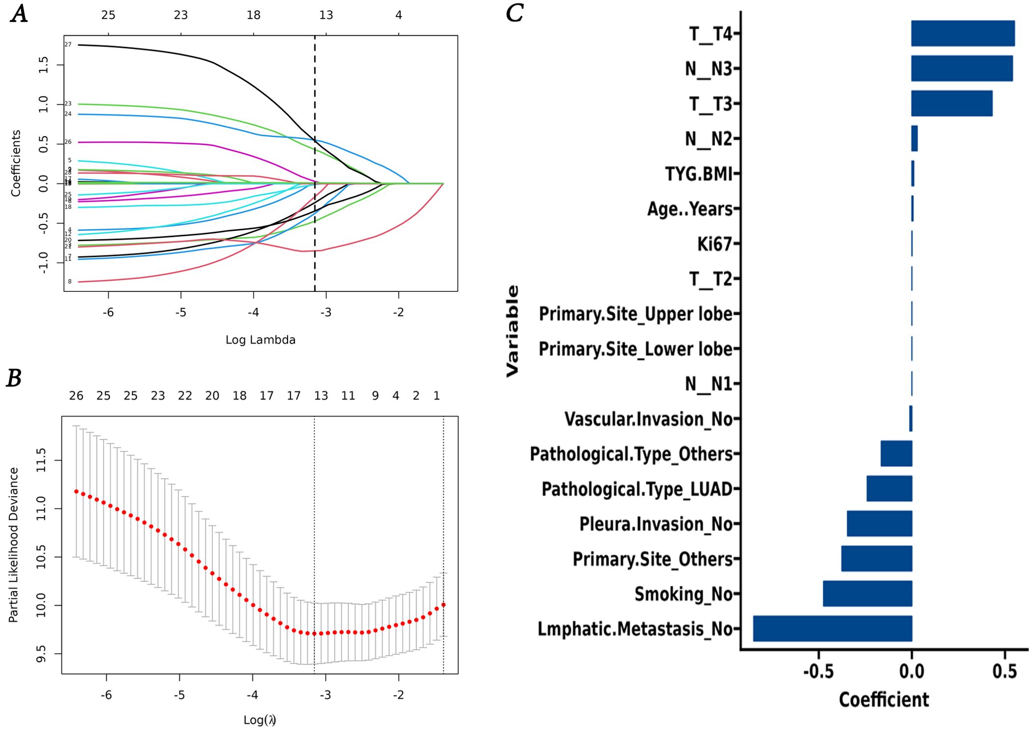 Three graphs display statistical analyses. Graph A shows a series of colored lines representing coefficients vs. Log Lambda with a vertical dashed line around Log -3. Graph B presents a plot of Partial Likelihood Deviance vs. Log Lambda with red dots and vertical dashed lines around values between Log -3 and -2. Graph C is a horizontal bar chart showing variable coefficients with labels like T_T4, N_N3, and TYG.BMI, among others. Bars extend either side of a central line indicating coefficient direction and strength.