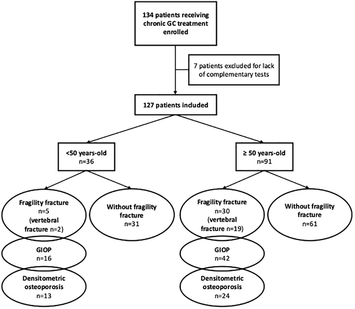 Flowchart outlining the study of 134 patients receiving chronic glucocorticoid treatment, with 7 excluded due to lack of tests. Of the 127 included, 36 were under 50 years and 91 were 50 or older. Outcomes were assessed for fragility fracture status and presence of glucocorticoid-induced and/or densitometric osteoporosis in both age groups.