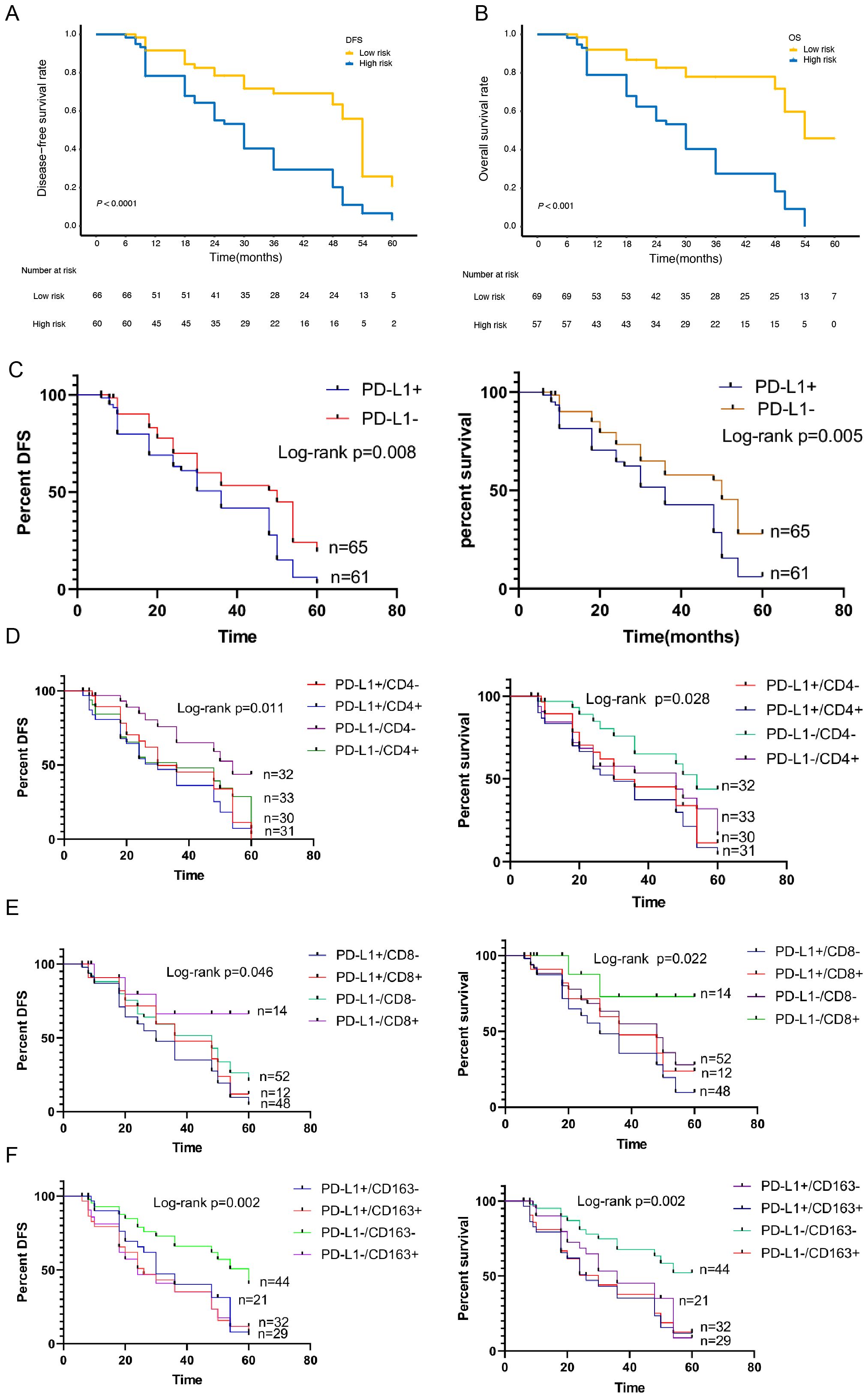Kaplan-Meier survival curves display disease-free and overall survival rates by risk groups (A, B) and PD-L1 expression with immune cell markers (C-F). A and B show low versus high risk groups affecting survival rates. C and E compare PD-L1+ versus PD-L1- groups. D and F analyze combinations of PD-L1 with CD4, CD8, and CD163 markers. Log-rank tests indicate statistical significance, and sample sizes are noted for each group.