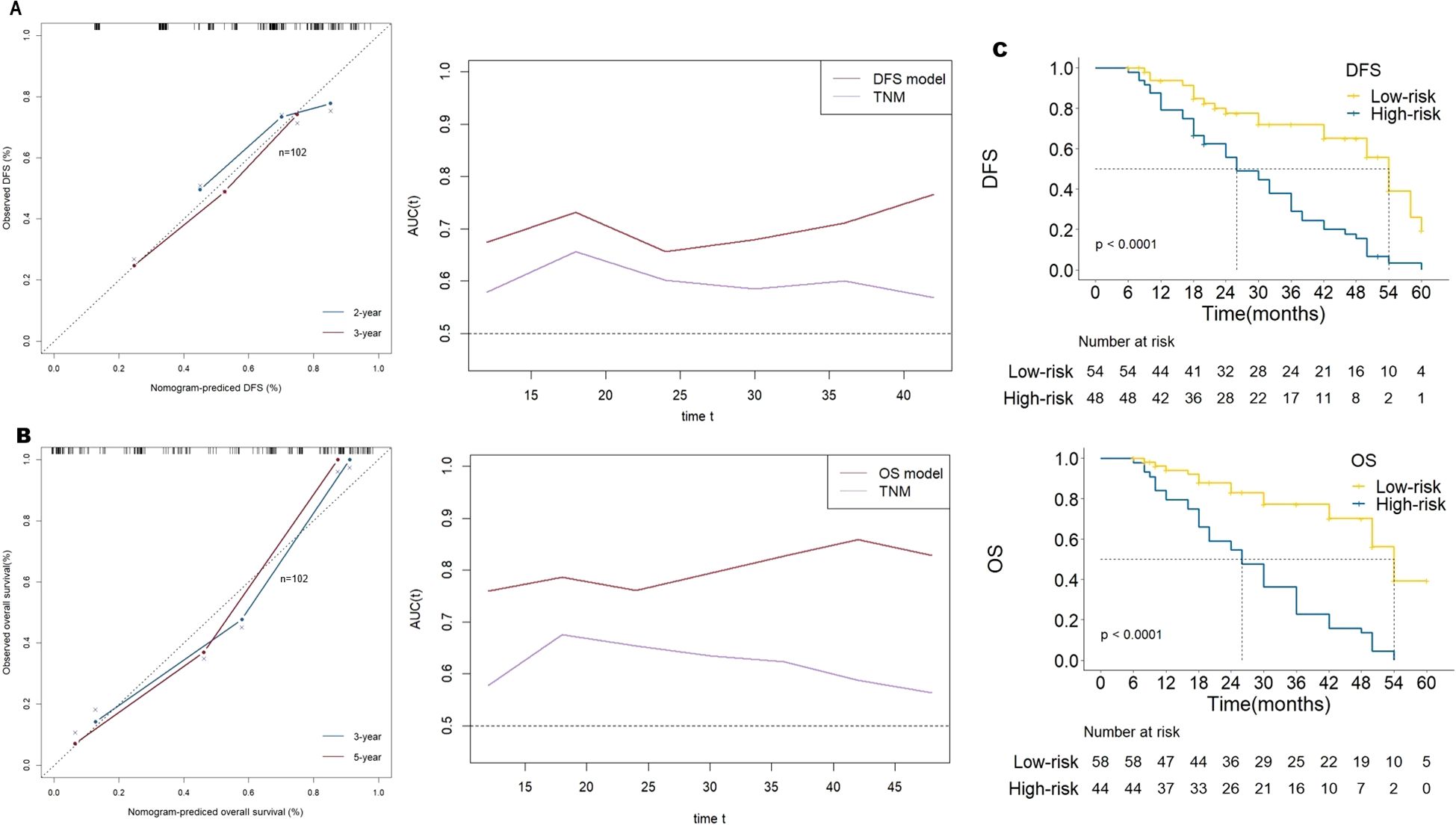 Three-panel figure showing survival analysis data. Panel A: Calibration plot for disease-free survival (DFS) with a dotted diagonal line comparing observed and predicted values for two- and three-year periods. Panel B: Calibration plot for overall survival (OS) with similar design for three- and five-year periods. Panel C: Kaplan-Meier survival curves for DFS and OS, differentiating low-risk and high-risk groups with significant p-values. Accompanying tables provide numbers at risk over time.
