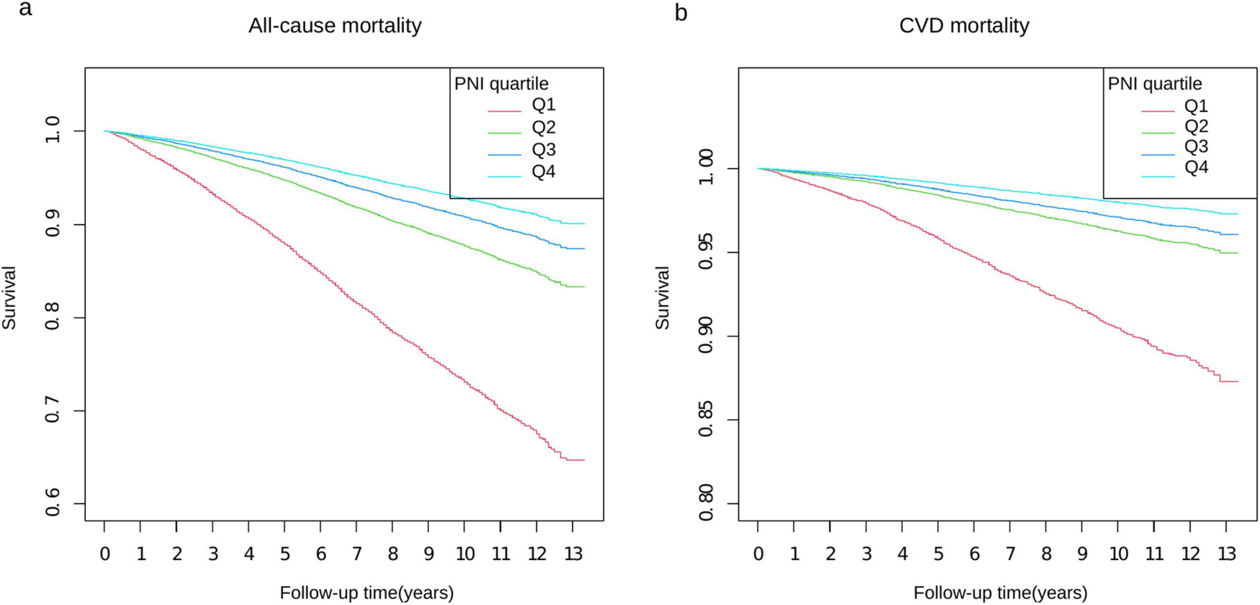 Two survival curves show the impact of PNI quartiles on mortality over 13 years. Graph (a) depicts all-cause mortality, while graph (b) shows cardiovascular disease mortality. Both graphs indicate that higher PNI quartiles (Q3, Q4) have better survival rates compared to lower quartiles (Q1, Q2).