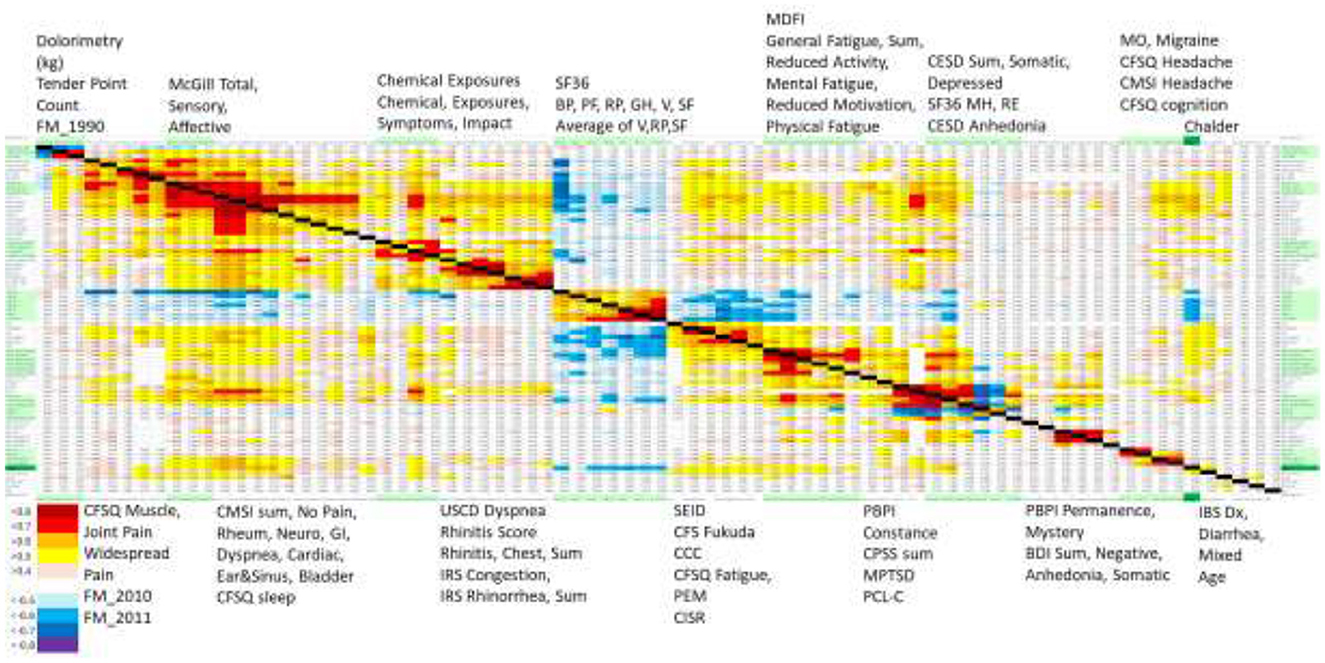 Heatmap depicting Spearman's rho correlations between various symptoms for females and males. Positive correlations are shown in yellow and red hues, while negative correlations appear in blue and purple. Key symptoms include tender point count, dolorimetry, concentration, fatigue, and more. Values range from greater than 0.8 to less than -0.5, indicating varying correlation strengths.