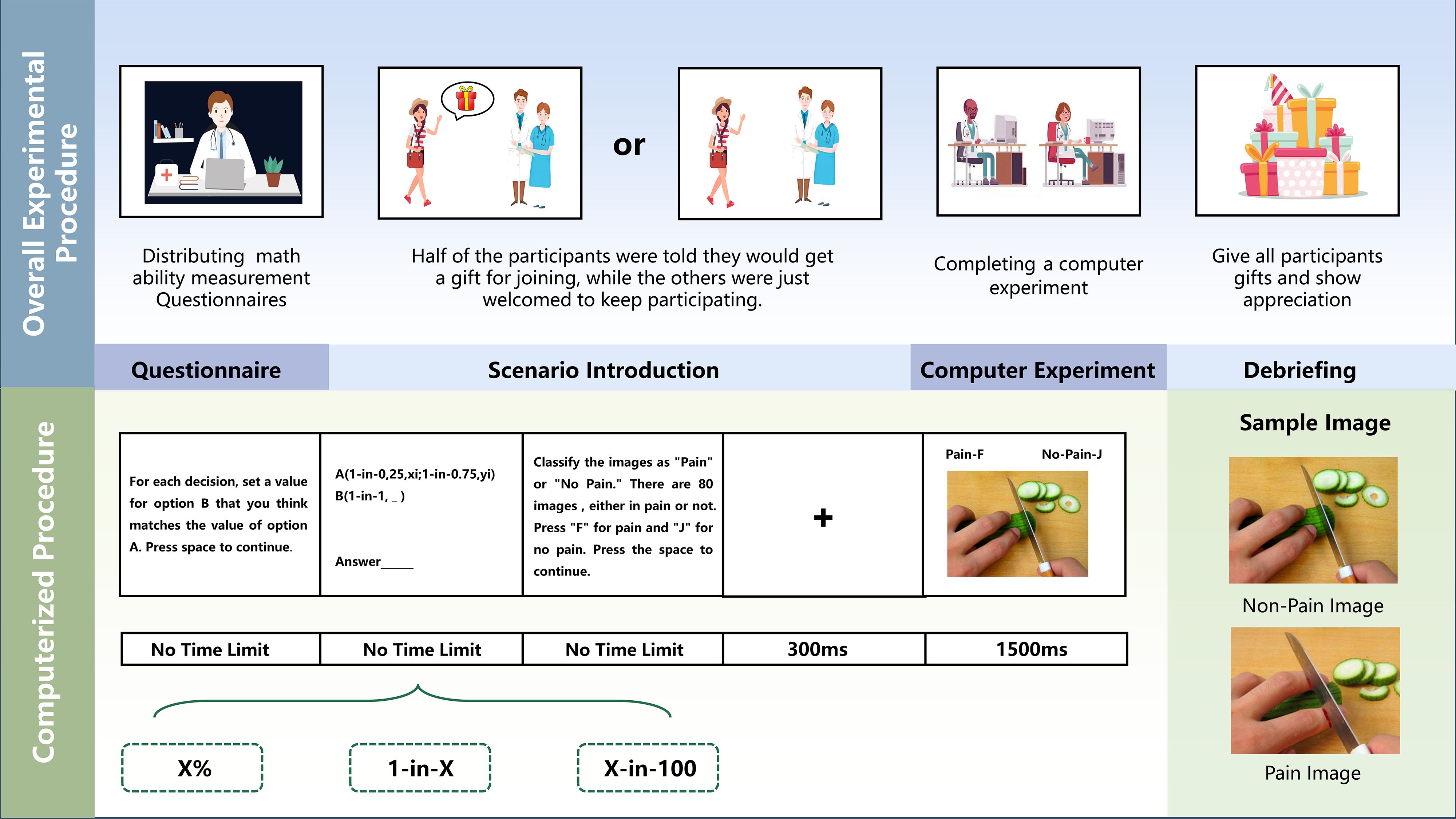 Diagram illustrating an experimental procedure. Initial distribution of math questionnaires. Participants split; some promised a gift, others continued without incentive. All completed a computer experiment and received appreciation gifts. Procedure includes a questionnaire, scenario introduction, and classification of “pain” or “no pain” images. Images of a hand cutting a cucumber represent “pain” and “no pain” scenarios. Time limits for tasks vary from no limit to 300 milliseconds and 1500 milliseconds.