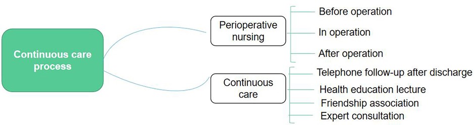 Flowchart illustrating the continuous care process, divided into perioperative nursing and continuous care. Perioperative nursing includes before operation, in operation, and after operation. Continuous care includes telephone follow-up after discharge, health education lecture, friendship association, and expert consultation.
