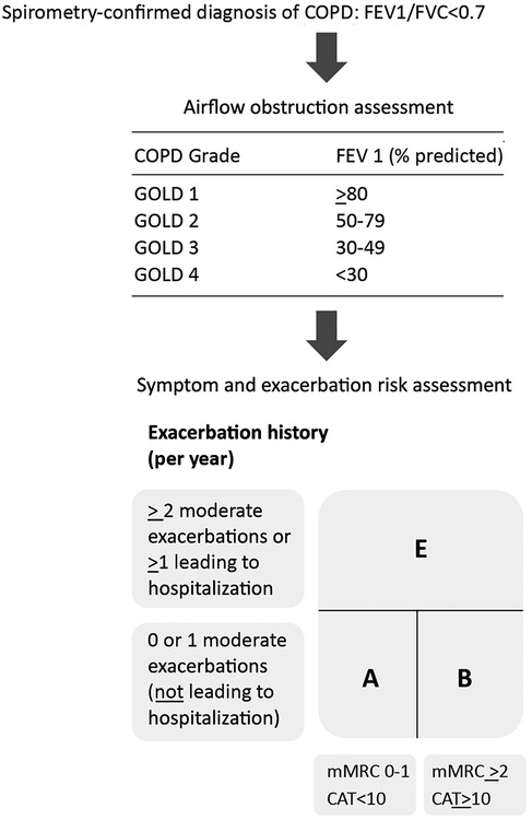 Flowchart for COPD diagnosis starting with spirometry-confirmed criteria, FEV1/FVC less than 0.7. Airflow obstruction is assessed by COPD grade: GOLD 1 (FEV1 ≥80%), GOLD 2 (50%-79%), GOLD 3 (30%-49%), and GOLD 4 (<30%). Symptom and exacerbation risk evaluation follows, with distinctions based on history of exacerbations and symptoms. Exacerbations: two or more moderate (or one hospitalization) and zero or one without hospitalization. Symptoms are categorized by mMRC and CAT scores. Categories labeled A, B, E.