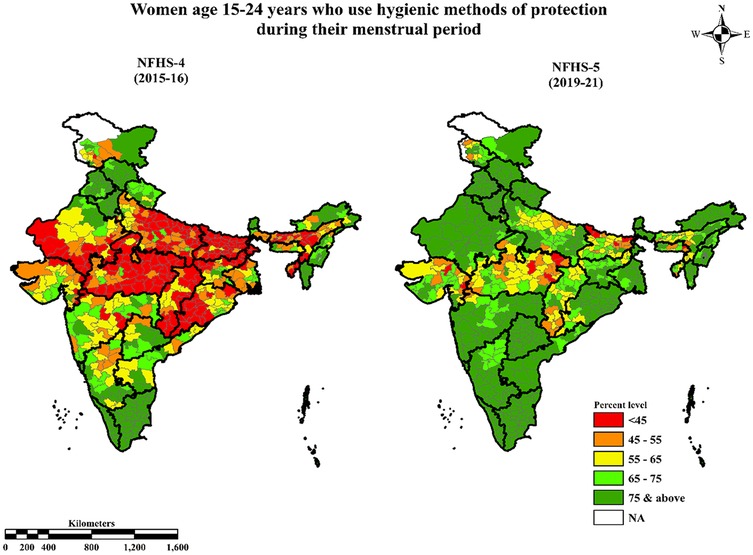 Two choropleth maps of India compare the percentage of women aged fifteen to twenty-four using hygienic menstrual protection across districts in NFHS-4 (2015–2016) and NFHS-5 (2019–2021). The left map (NFHS-4) shows widespread low usage, with many districts in red and orange indicating under 55 percent usage. The right map (NFHS-5) shows a marked improvement, with most districts now shaded green, indicating 65 percent or higher usage. A clear overall trend toward higher adoption of hygienic practices is visible across the country.