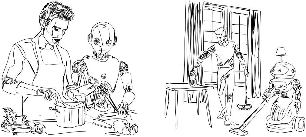 Illustration showing two scenes. In the first, a man in an apron cooks alongside a humanoid robot, stirring a pot near vegetables. In the second, a man places a cup on a table while a robot vacuum cleans the floor next to him.