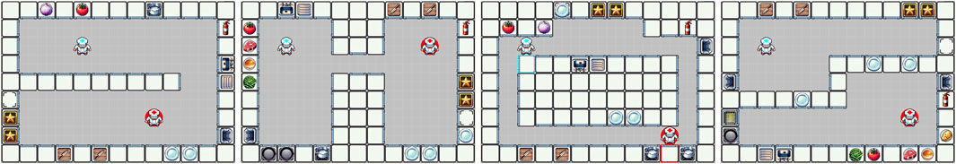 The four distinct kitchen layouts used in the study can be seen. Each scenario includes kitchen counters, various food items like tomatoes and onions, different kitchen equipment (including cutting boards, stoves, pots, and more), and player characters. The first layout features a central wall of counters that players must navigate around. The second layout features a more diverse array of items and equipment, as well as a narrow corridor that the chefs must navigate through. A circular walkway around counters is the defining feature of the third scenario. The last scenario is divided into two regions, each providing different access to items and equipment. There is no way of moving between them.