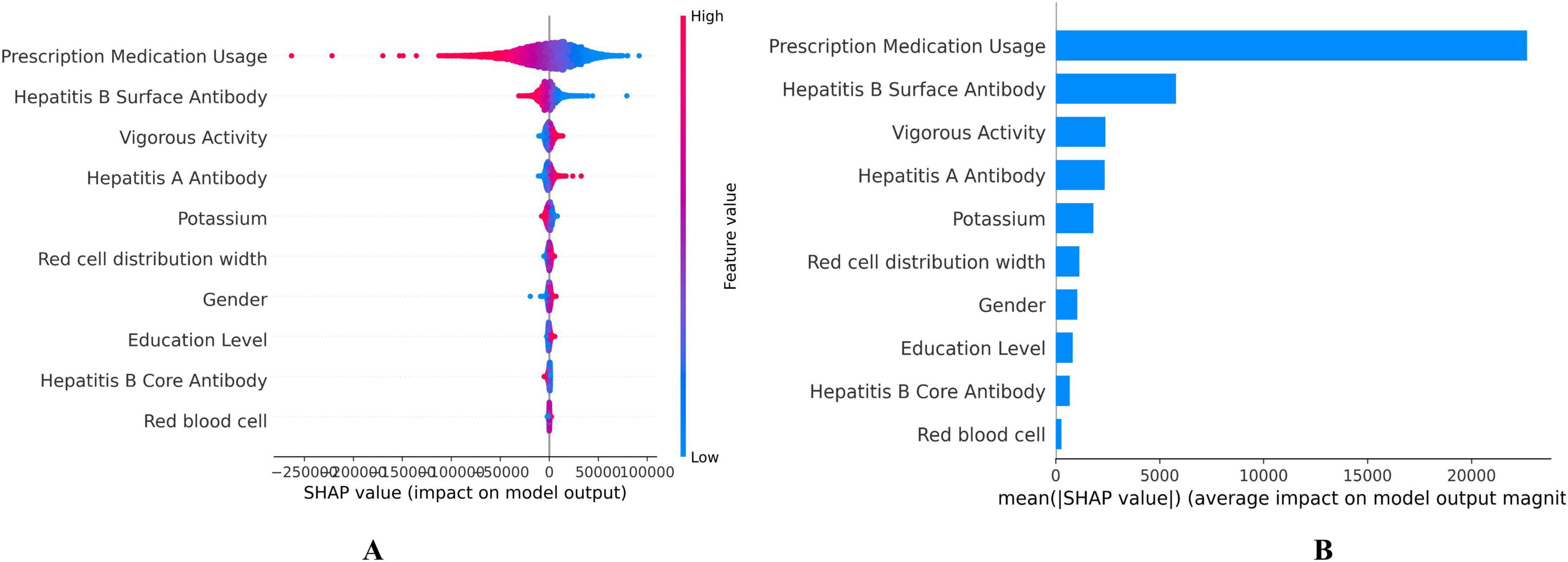 Panel A: SHAP summary plot of feature impacts (pink=high, blue=low). Prescription medication has largest effect. Panel B: Bar chart of average impacts, medication highest influence.