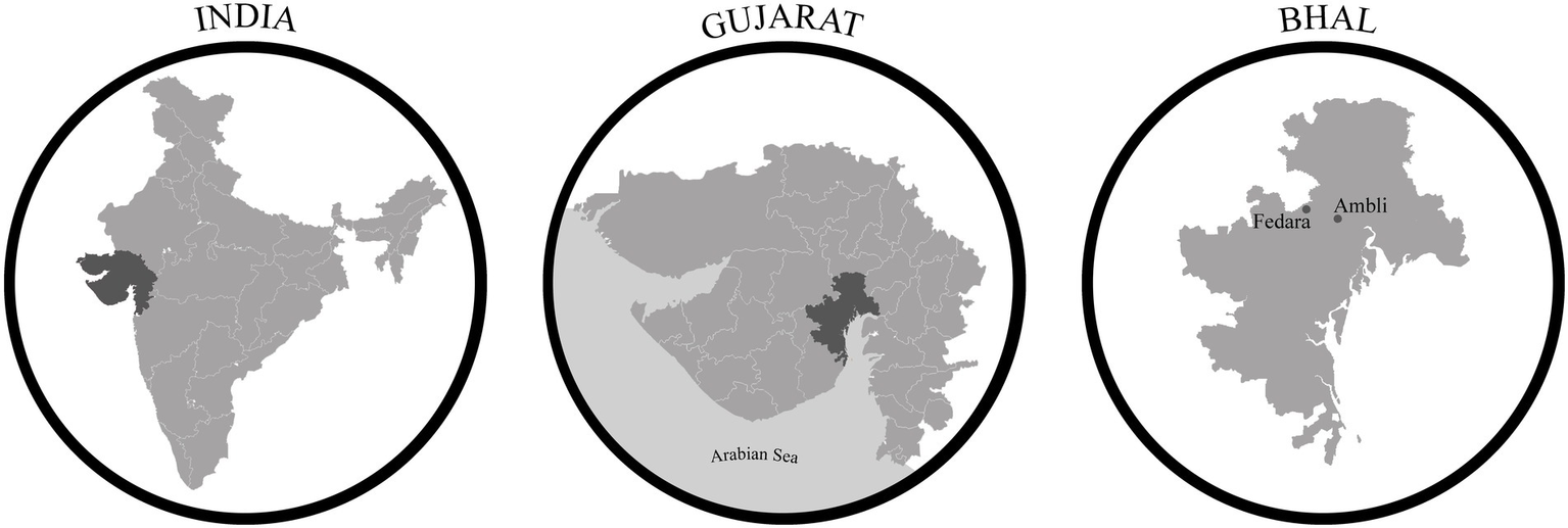 Three circular maps depicting the geographical context of the research: the first shows Gujarat within India, the second focuses on Bhal within Gujarat, and the third zooms in on the Bhal region, highlighting Fedara and Ambli village.