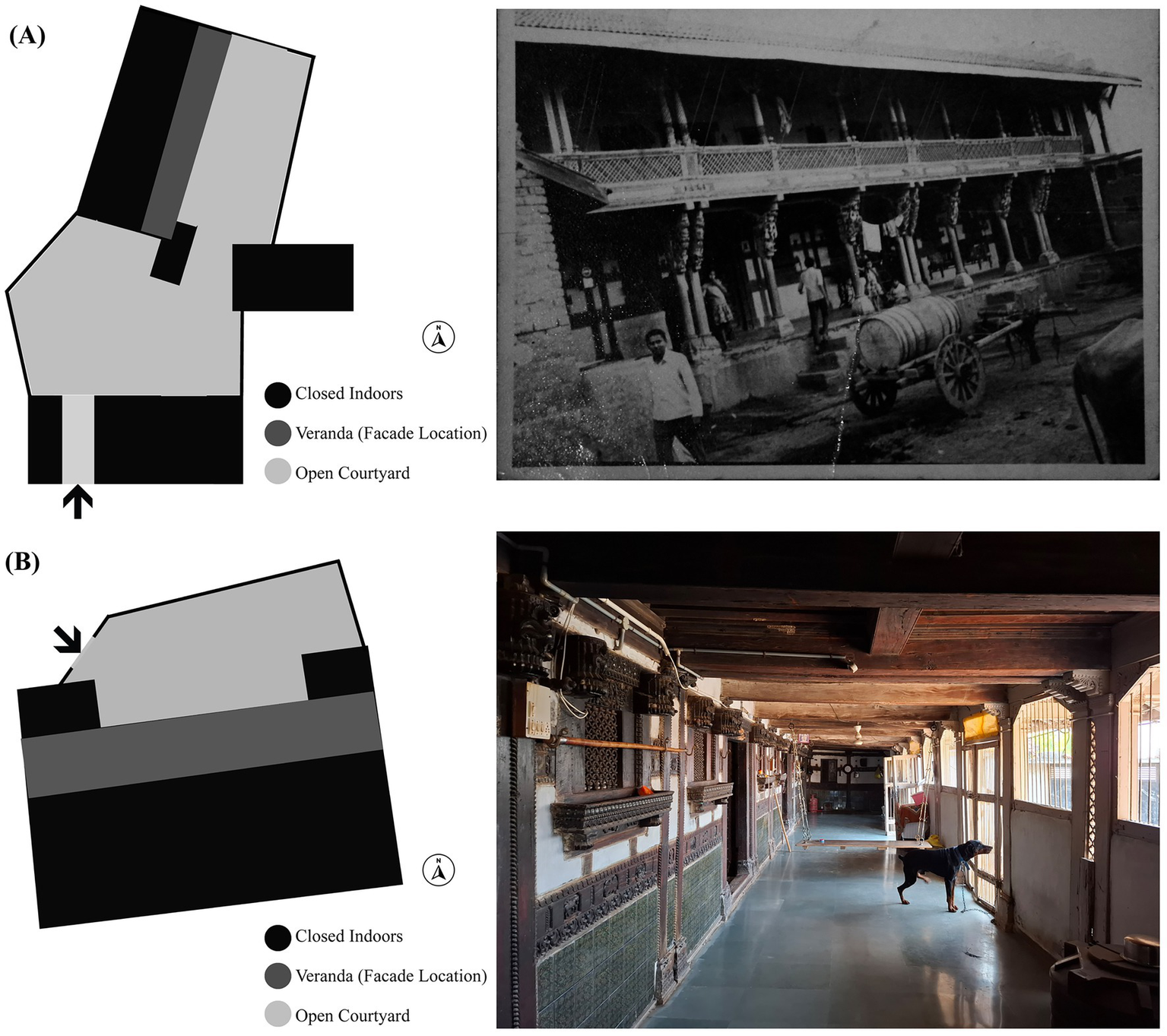 Diagram A depicts a building complex layout of a dwelling in Fedara village, with spaces marked as closed indoors, veranda and open courtyard, accompanied by a historical black-and-white photo of the veranda. Diagram B shows a similar spatial arrangement for a dwelling in Ambli village, with a colour photo of a veranda with intricate details, including a dog looking outside.