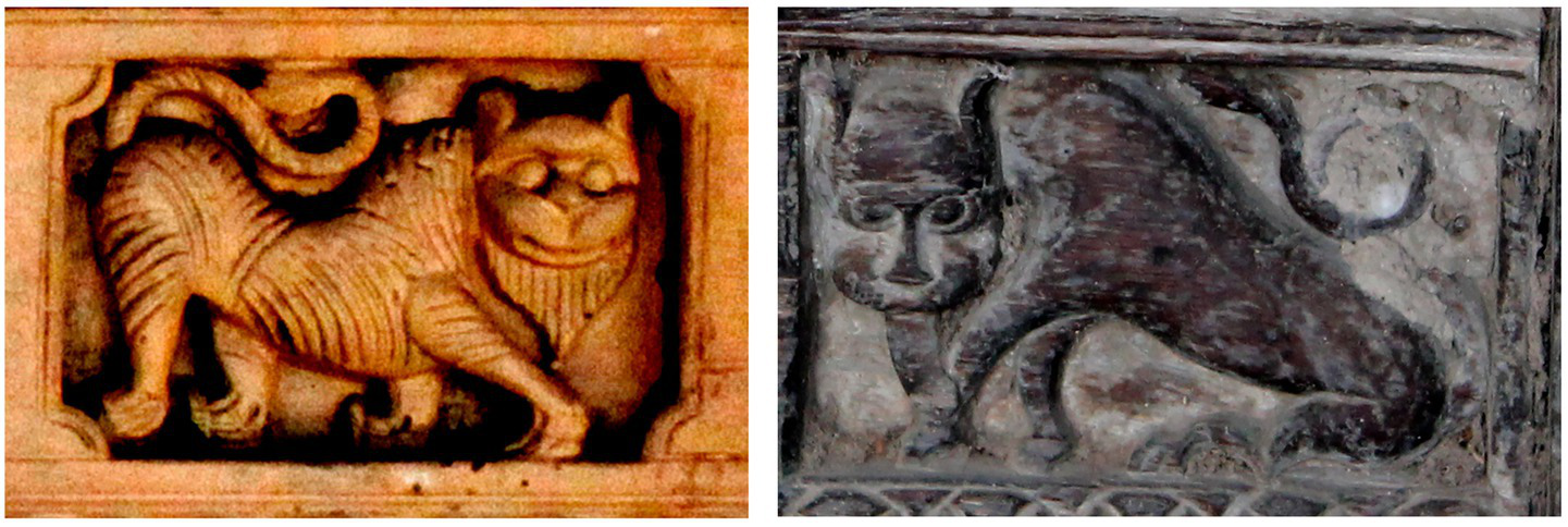 Two carved wooden reliefs on the two facades depict stylised lions within a rectangular frame. The left lion has a smooth, curled mane and an energetic expression, whereas the right lion sticks out its tongue with a more serious countenance. Both have large eyes and paws.