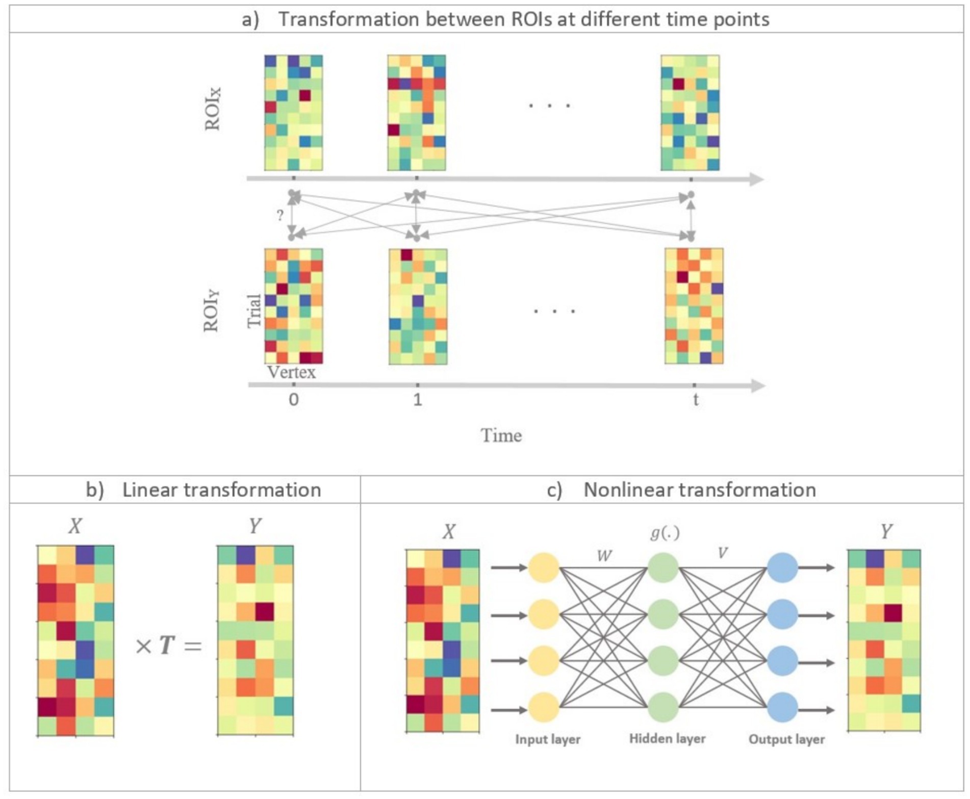 Diagram illustrating transformations between regions of interest (ROIs) at different time points. Section (a) shows connections between ROIs over time. Section (b) depicts a linear transformation with matrix multiplication. Section (c) displays a nonlinear transformation using a neural network with input, hidden, and output layers connected by weights.