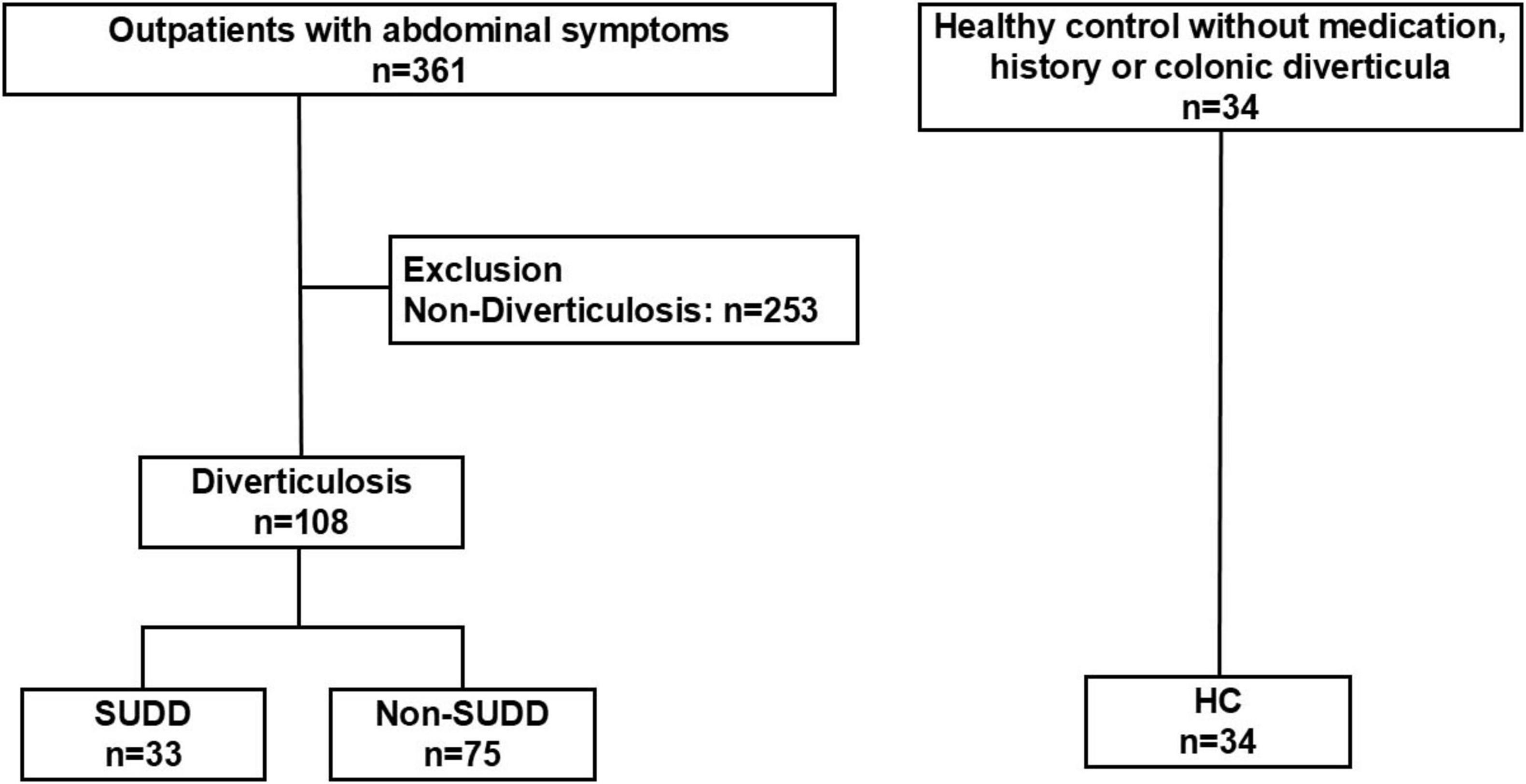Flowchart depicting patient selection. On the left, 361 outpatients with abdominal symptoms include 253 exclusions (non-diverticulosis), leaving 108 with diverticulosis. Divided into SUDD (33) and non-SUDD (75). On the right, 34 healthy controls without medication, history, or colonic diverticula.