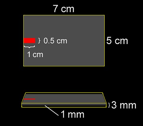 Diagram of a rectangular object measuring 7 centimeters by 5 centimeters with a thickness of 3 millimeters, featuring a red rectangular section on the surface that is 1 centimeter long and 0.5 centimeters wide, extending 1 millimeter in height.