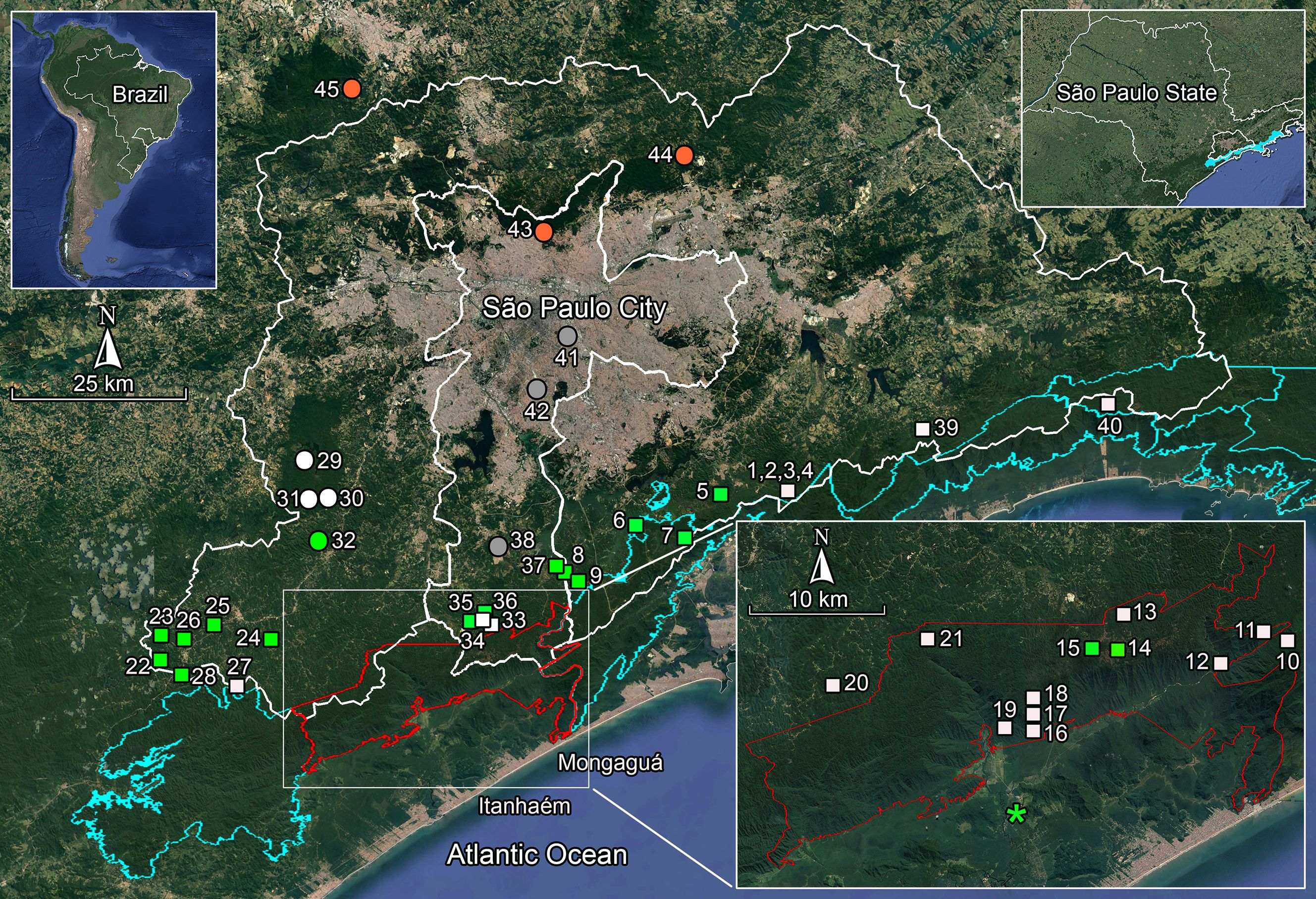 Map showing São Paulo City and surrounding areas, with various numbered markers. Inset maps highlight the location within Brazil and São Paulo State. Colored lines and icons indicate different regions and features. Scale bars and north arrows are included.