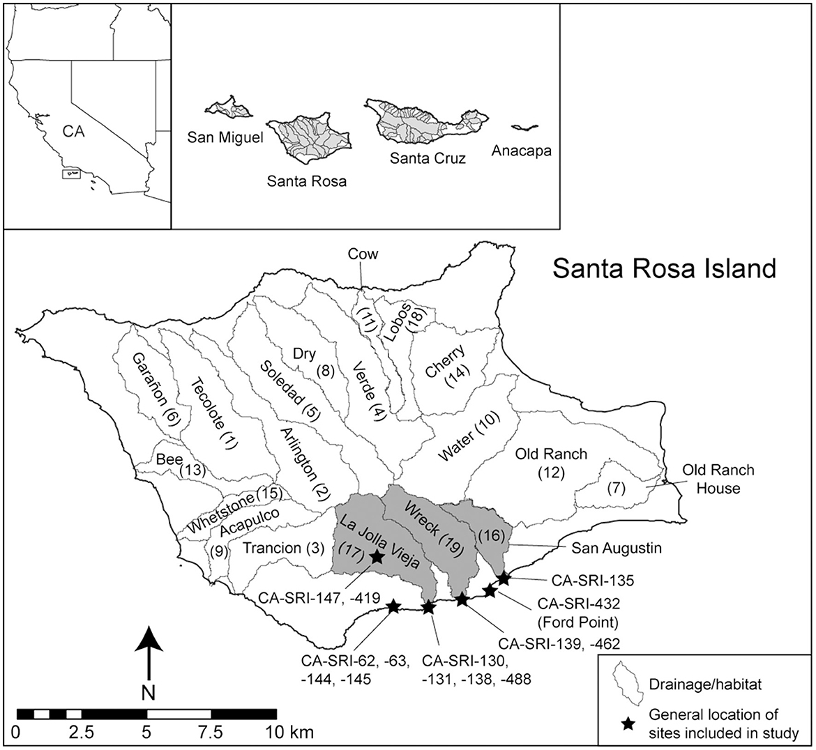 The main map highlights the La Jolla Vieja, Wreck, and San Augustin drainage areas and the general locations of archaeological sites of interest marked with stars along the southern coast.