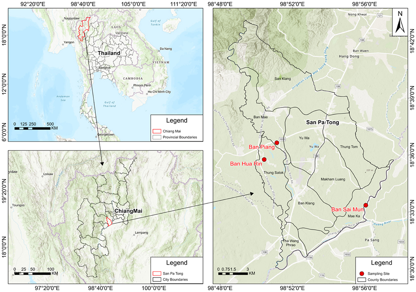 Map depicting locations in Thailand. The main panel shows Chiang Mai province with San Pa Tong district highlighted. Red dots mark sampling sites: Ban Piang, Ban Hua Rin, and Ban Sai Mun. Insets illustrate Thailand’s broader location and Chiang Mai’s position within it. Legends indicate boundaries and key locations.
