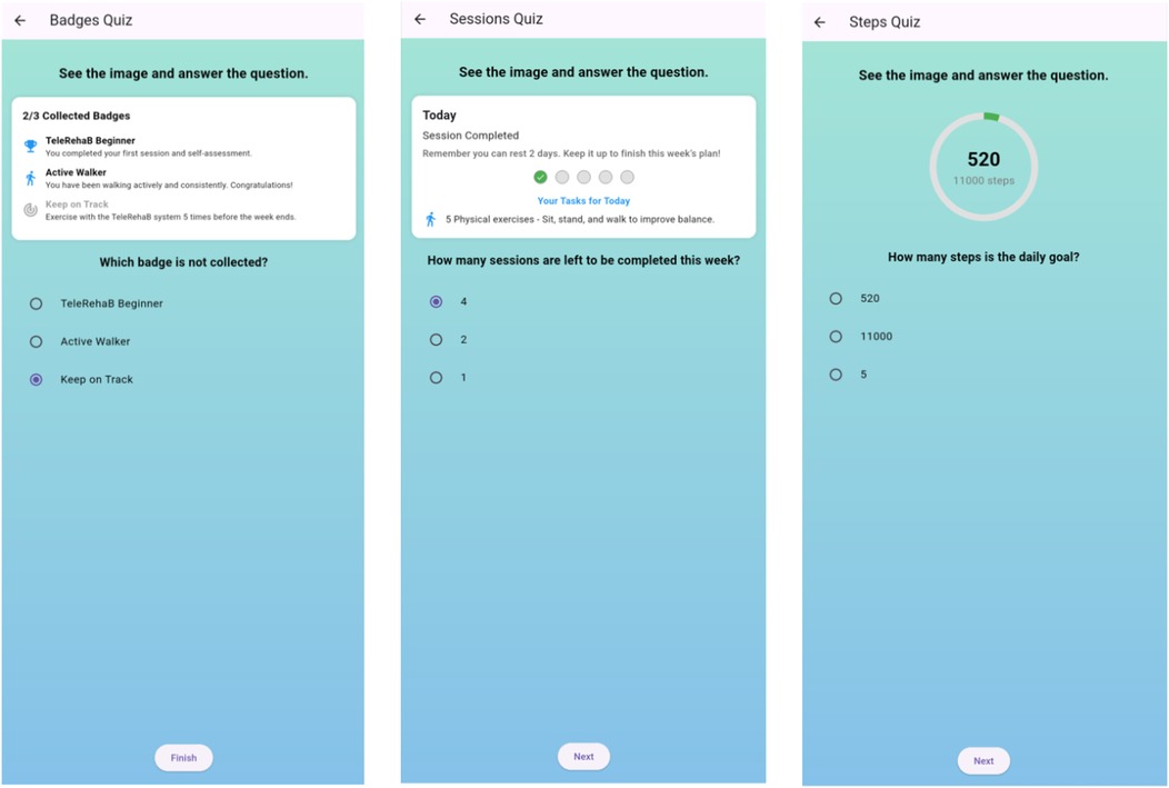 Three mobile app quiz screens. \n\nFirst screen: \