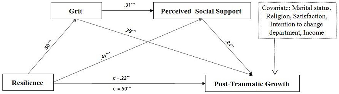 Diagram showing the relationships between grit, perceived social support, resilience, and post-traumatic growth. Arrows indicate directions and strength of influence: grit to perceived social support (.31), resilience to grit (.50), resilience to perceived social support (.41), perceived social support to post-traumatic growth (.26), and resilience to post-traumatic growth (.50 and .22). Covariates include marital status, religion, satisfaction, intention to change department, and income.