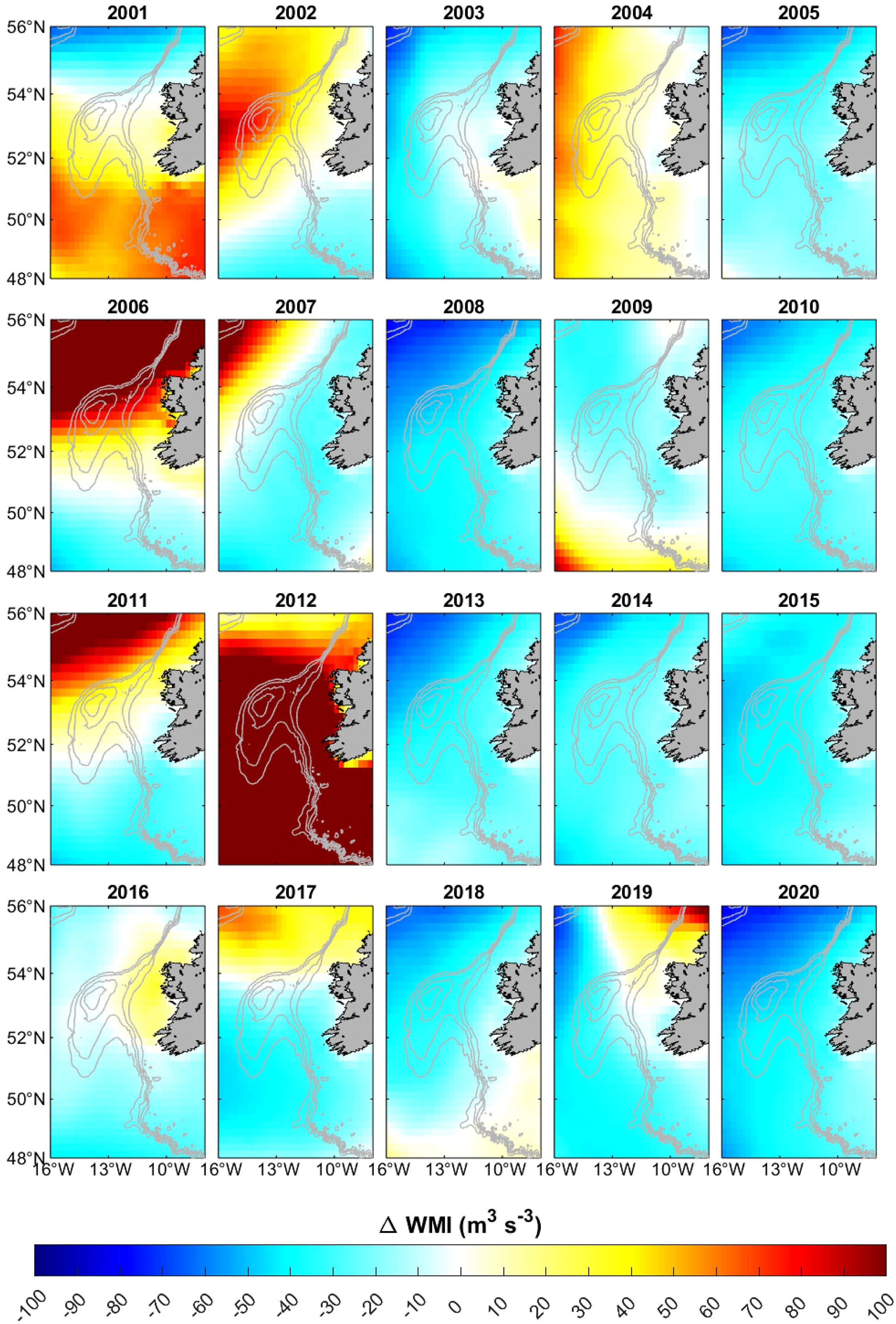 Maps show annual changes in Water Mass Index (WMI) anomalies for April from 2001 to 2020 near the British Isles. Color gradient from dark red to dark blue represents values from -100 to 100 cubic meters per second cubed.