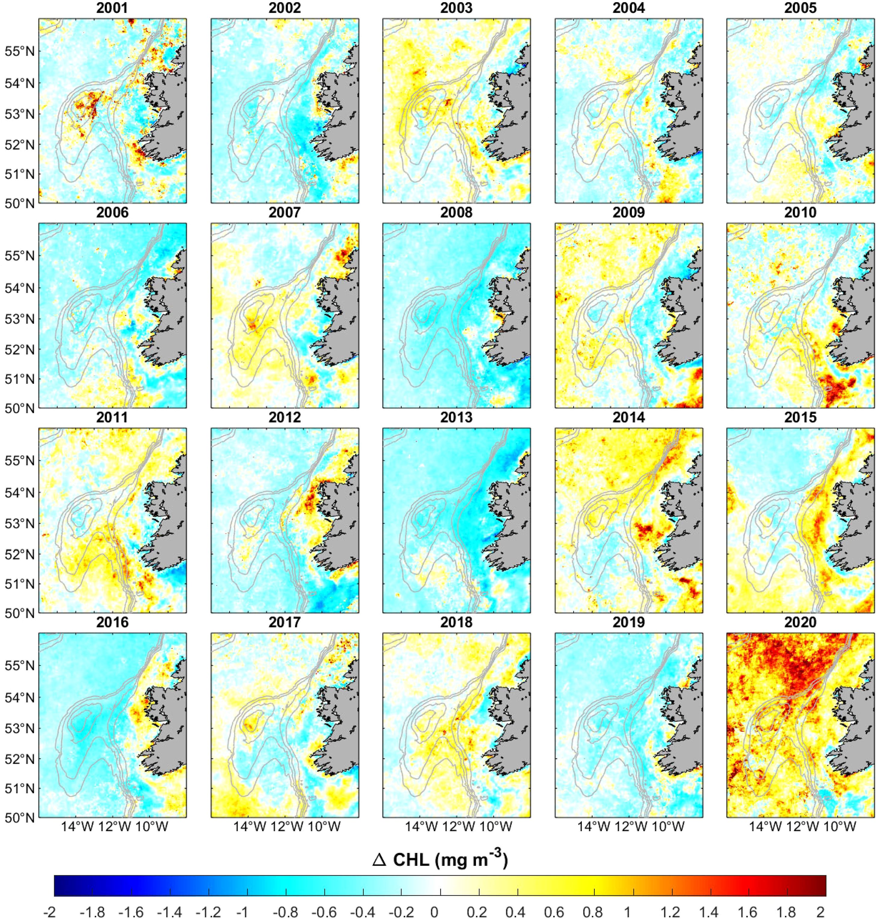 Twenty map panels from 2001 to 2020 show chlorophyll-a anomalies for April in the sea off the west coast of Ireland and the UK. Color gradients range from deep blue, indicating lower concentrations, to red, indicating higher concentrations. Over the years, variations in chlorophyll levels are visible, with significant increases represented by red in some years, particularly 2020. Each map includes a latitude and longitude grid and a color bar representing the chlorophyll anomalies range from negative 2 to positive 2 milligrams per cubic meter.