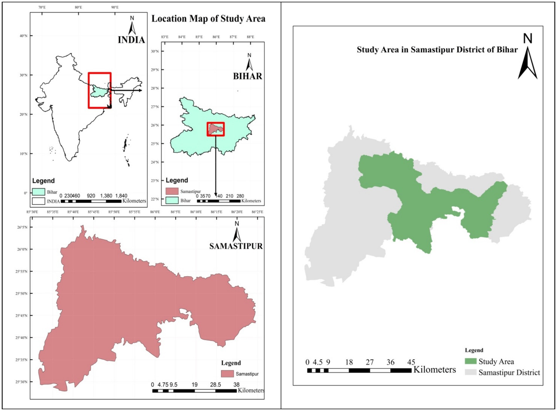 Location maps depicting the study area in the Samastipur district of Bihar, India. The first map highlights India with a focus on Bihar. The second map zooms into Bihar, showing Samastipur in a distinct color. The third map provides a detailed view of the Samastipur district. The fourth panel highlights a specific study area within Samastipur. Legends indicate distances and different regions.