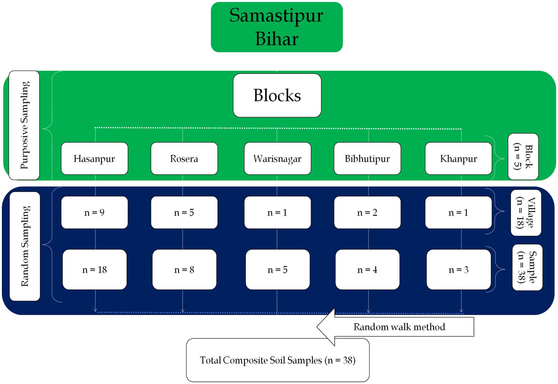 Sampling flowchart for Samastipur, Bihar, illustrating the process of purposive and random sampling. Five blocks: Hasanpur, Rosera, Warisnagar, Bibhutipur, Khanpur. Total blocks, villages, and samples are five, eighteen, and thirty-eight, respectively. Purposive sampling includes block selection, and random sampling uses a random walk method for village and samples selection, totaling thirty-eight composite soil samples.