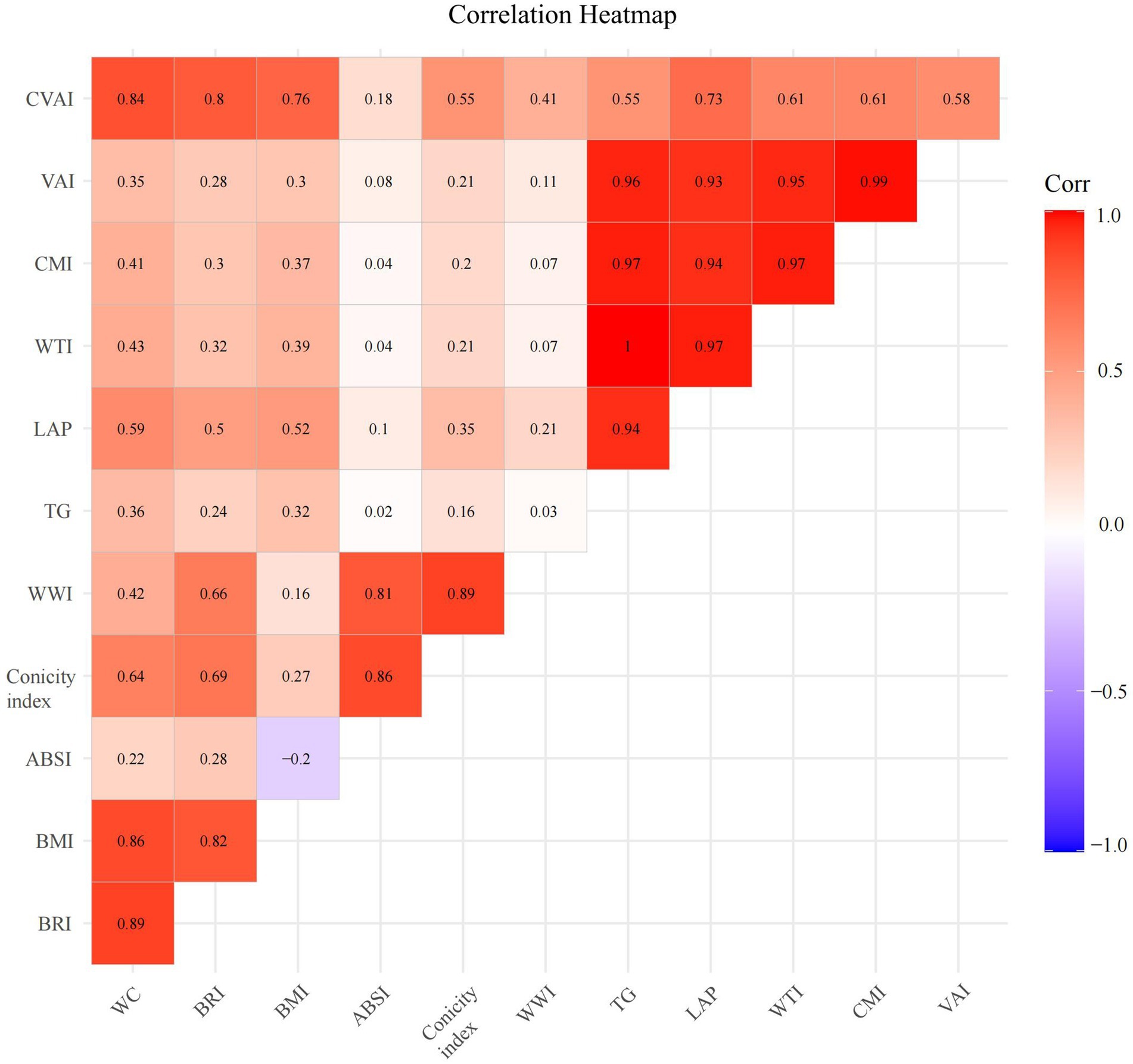 Correlation heatmap showing relationships between various anthropometric indicators like CVAI, VAI, and BMI. Positive correlations are marked in shades of red, while negative correlations are in blue. Significant correlations include strong positive relationships between VAI and TG, among others. The scale ranges from negative one to one.