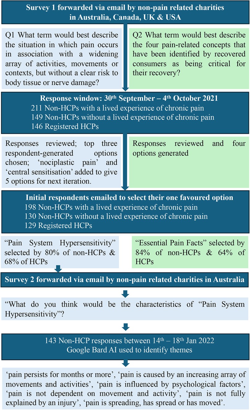 Infographic summarizing two surveys about terminology and concepts related to chronic pain. Survey 1, conducted across Australia, Canada, the UK, and the USA, asked participants to select terms for pain unrelated to tissue damage and key recovery concepts. Three participant-generated terms were considered for Q1, and four for Q2. Final selections were “Pain System Hyper-sensitivity” for Q1 and “Essential Pain Facts” for Q2. Survey 2, conducted in Australia, asked about the characteristics of “Pain System Hyper-sensitivity.” Responses from 143 non-HCPs identified recurring themes such as persistent pain, psychological influences, and pain without injury or linked to diverse activities.