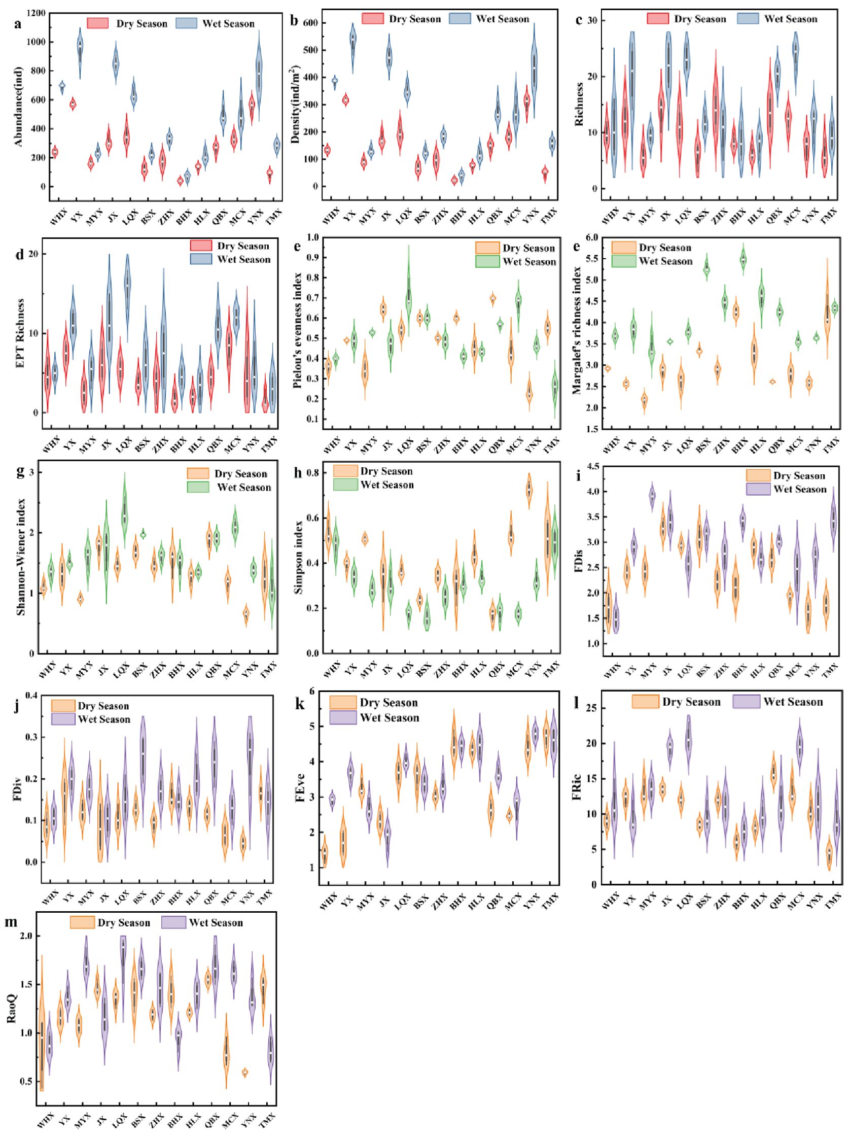 Panels (a) to (m) display various ecological metrics across dry and wet seasons. Panel (a) shows abundance, with higher values in the wet season. Panel (b) illustrates density, revealing a pronounced fluctuation between seasons. In panel (c), richness exhibits slight seasonal variation, while (d) details EPT richness, highlighting increased values during wet conditions. Further metrics across panels (e) to (m) include diversity indices and functional metrics, with consistent trends indicating seasonal differences in community structure, as highlighted in the corresponding violin plots.