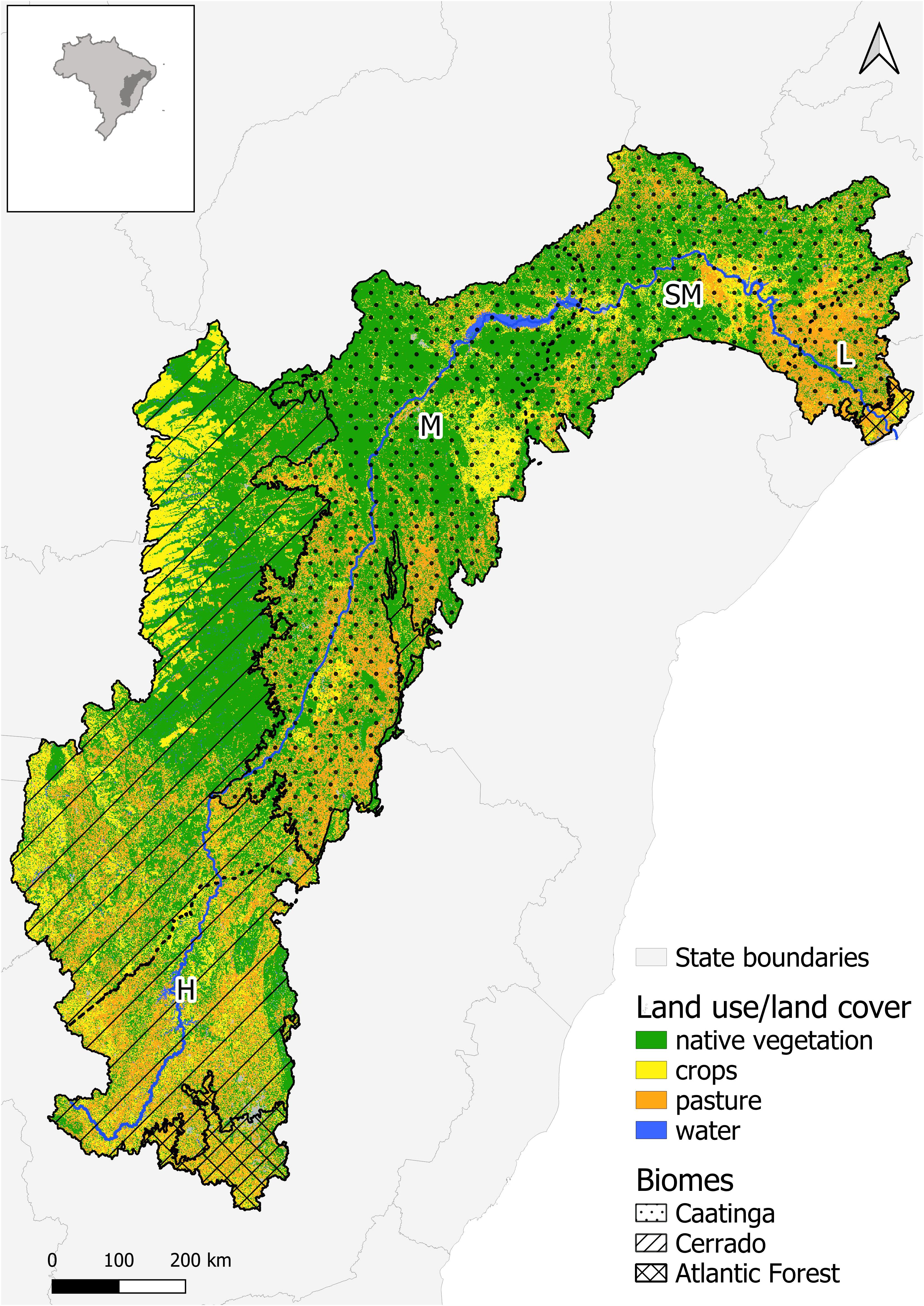 Map showing land use and land cover in the northeastern region of Brazil, annotated with state boundaries. It includes native vegetation, crops, pasture, and water. Key biomes are Caatinga, Cerrado, and Atlantic Forest. The map also highlights locations marked as H, M, SM, and L. An inset shows the location within Brazil.