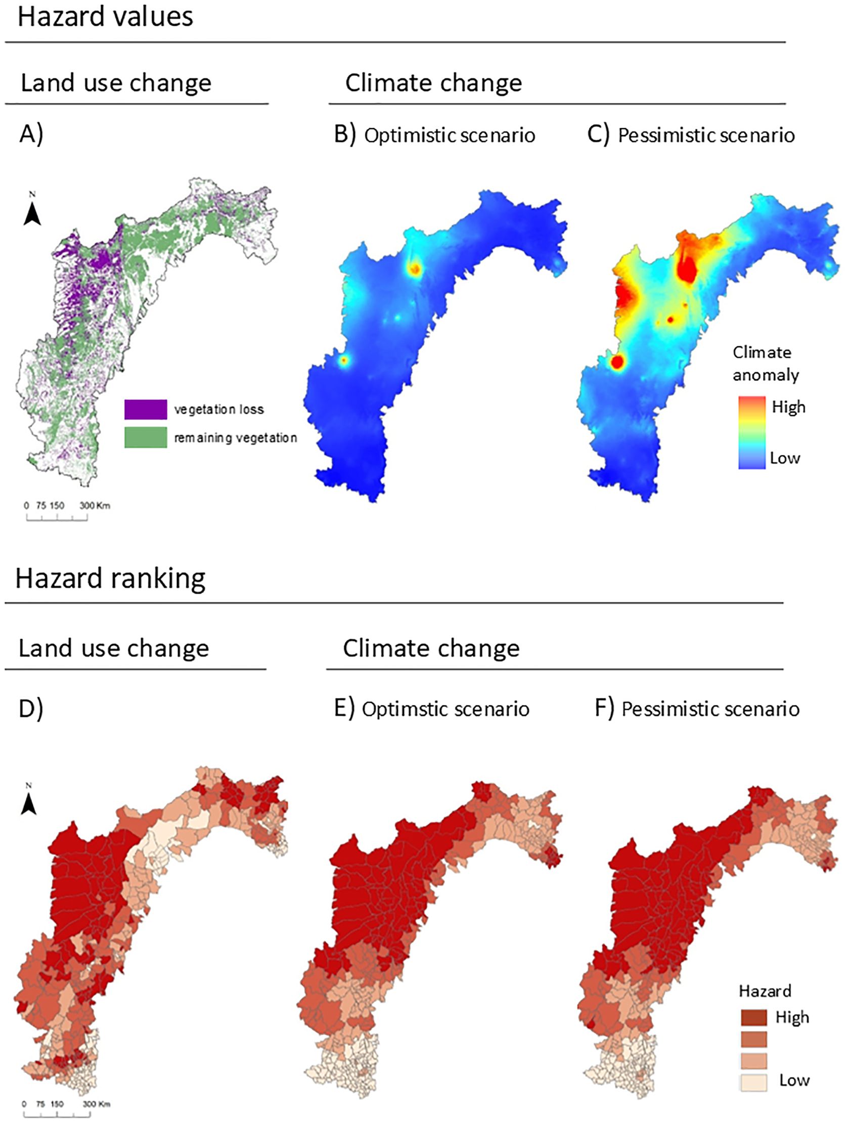 Maps illustrating hazard values and rankings for land use and climate change scenarios. Maps A-C show vegetation loss and climate anomalies for optimistic and pessimistic scenarios. Maps D-F depict hazard rankings for land use change, optimistic, and pessimistic climate change scenarios, with color gradients representing hazard levels from low to high.