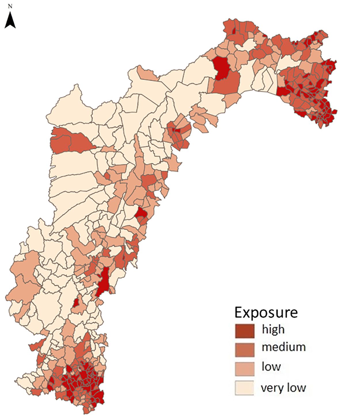 Map showing different exposure levels in an area, categorized as high, medium, low, and very low through varying shades of red and beige. A scale and compass are included.