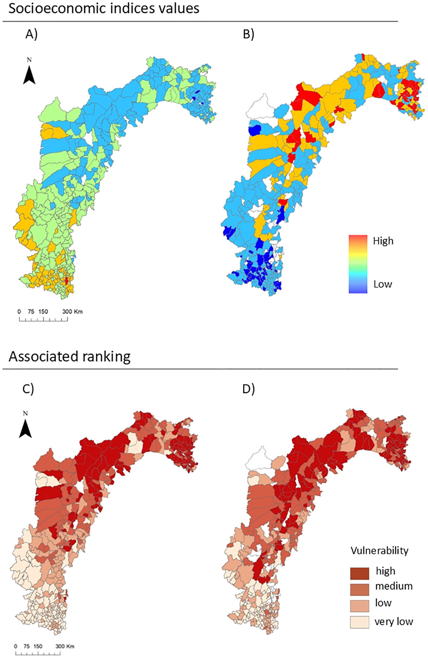 Maps depicting socioeconomic indices and associated rankings. Panel A shows a color gradient from blue (low) to red (high) highlighting socioeconomic index values. Panel B uses similar colors to represent index variations in different regions. Panel C displays an associated ranking with shades of red, indicating vulnerability levels. Panel D presents similar data with a range from very low (light) to high vulnerability (dark).