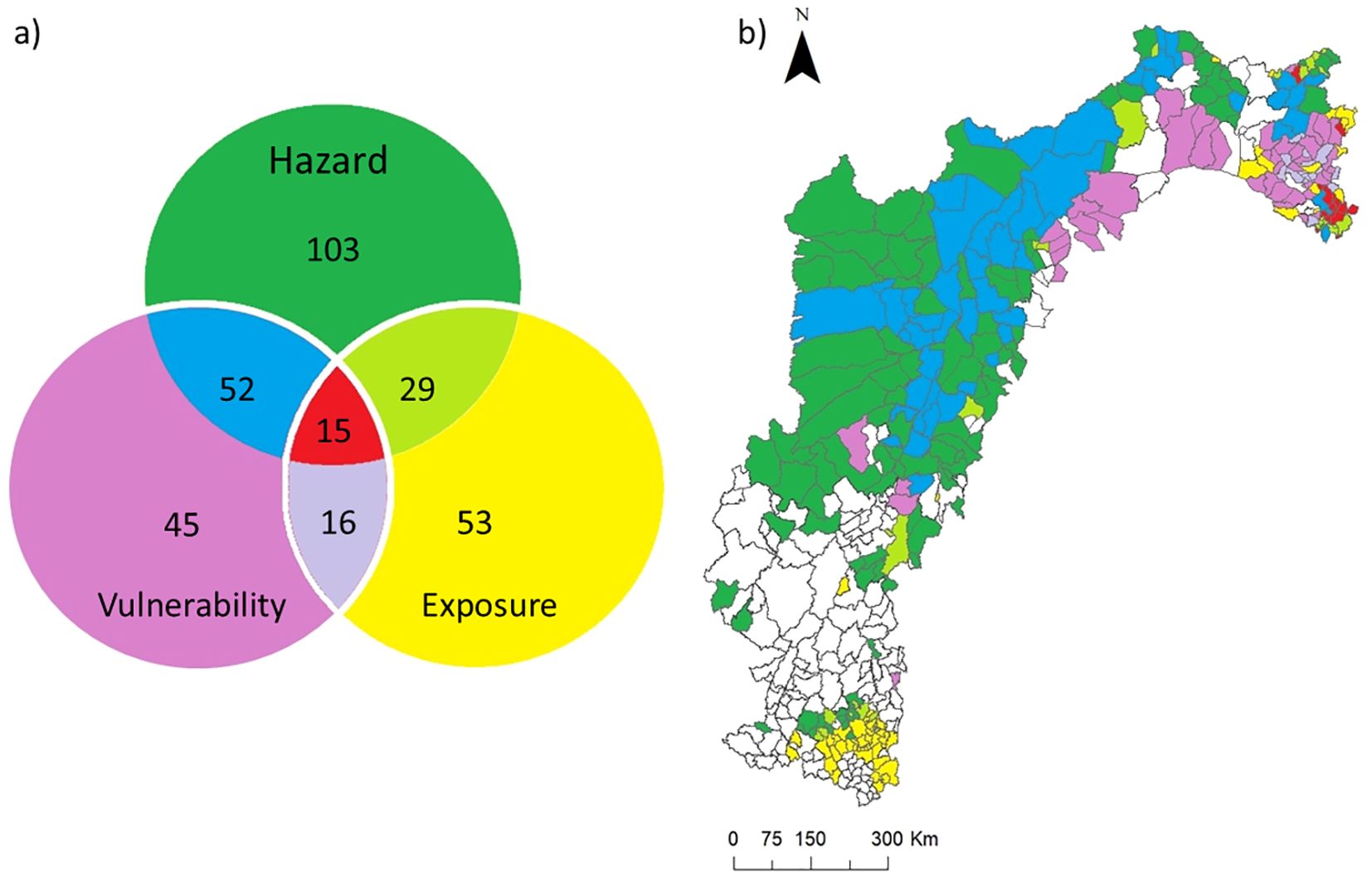 A Venn diagram and map depicting hazard, vulnerability, and exposure analysis. The Venn diagram shows overlapping regions indicating combined factors with values: hazard (103), vulnerability (45), and exposure (53), with shared numbers. The adjacent map highlights corresponding areas in an unspecified region using colors matching the Venn diagram: green, pink, yellow, and blue, identifying different risk levels.