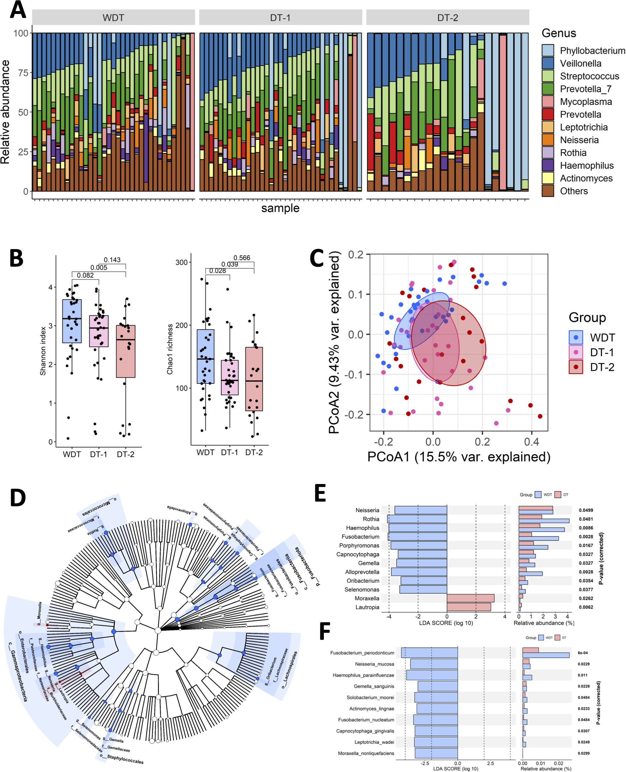 Composite image showing microbiome analysis results: A. Bar chart of relative abundance for different genera across samples categorized by groups WDT, DT-1, and DT-2. Genus contributions are color-coded. B. Box plots comparing Shannon index and Chao1 richness among groups WDT, DT-1, and DT-2, with p-values noted. C. Principal Coordinate Analysis (PCoA) plot displaying variation explained by two principal components across the three groups with confidence ellipses. D. Phylogenetic tree illustrating relationships among genera, highlighting specific clades. E. Horizontal bar chart showing Linear Discriminant Analysis (LDA) scores for genus differences between WDT and DT groups with p-values. F. Similar LDA chart for other group comparisons.