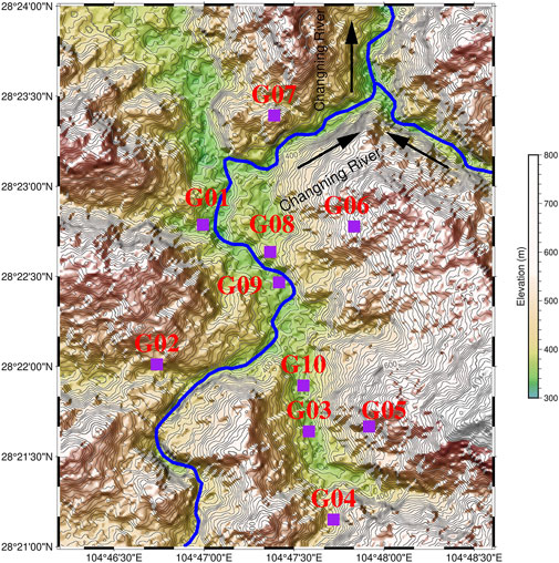 Topographic map of the Changning River area with purple squares labeled G01 to G10, indicating specific locations. The river is marked in blue, flowing through varying elevations represented by contour lines and a color gradient from green to brown. Latitude and longitude coordinates frame the map.