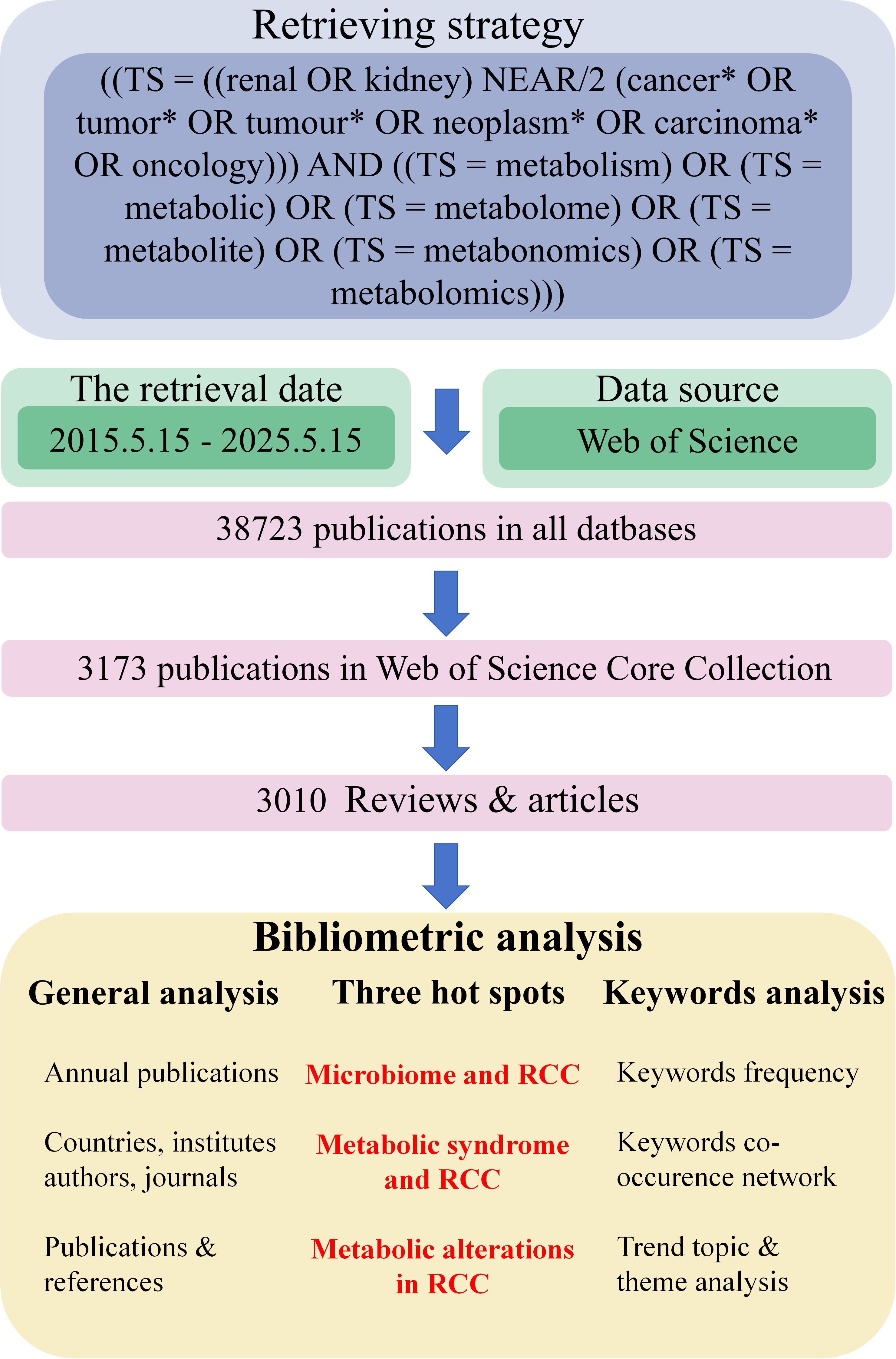 Flowchart illustrating a bibliometric analysis process for renal or kidney cancer research linked with metabolism and metabolomics. The strategy covers 2015 to 2025, using Web of Science data. It examines 38,723 publications, with 3,173 from the Core Collection resulting in 3,010 reviews and articles. The analysis focuses on general trends and three key areas: microbiome and renal cell carcinoma (RCC), metabolic syndrome and RCC, and metabolic alterations in RCC. Keywords are analyzed for frequency, co-occurrence, and trends.