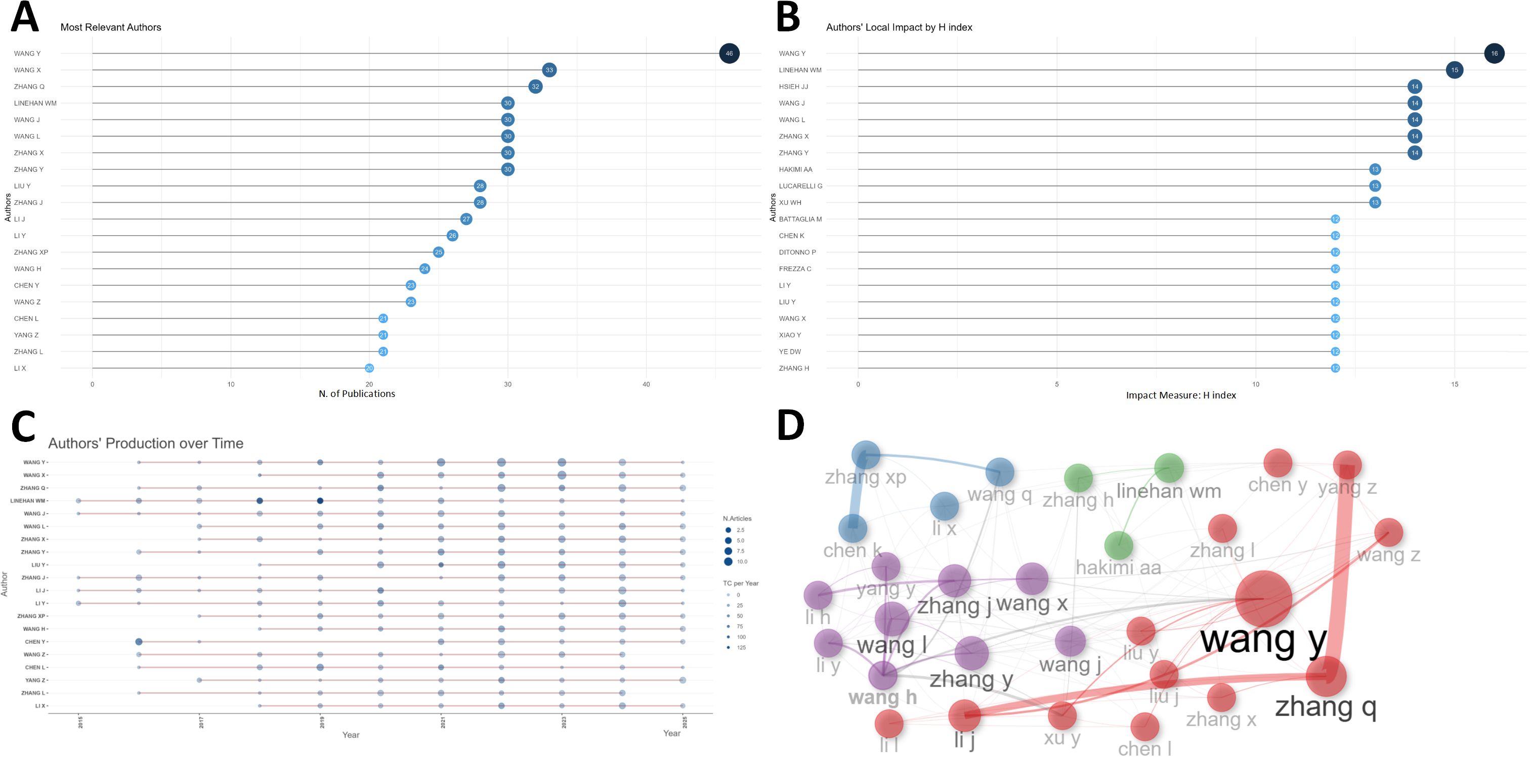 Graphical analysis of authors' contributions and impact in four parts. Panel A shows a bar chart of authors by the number of publications, with Wang Y leading. Panel B displays authors' local impact measured by the H index, where Wang Y also ranks highest. Panel C is a timeline of authors' production over years, with circle size representing the number of articles. Panel D features a network graph highlighting connections and collaborations among authors, with larger circles indicating more significant influence or collaborations, prominently featuring Wang Y and Zhang Q.