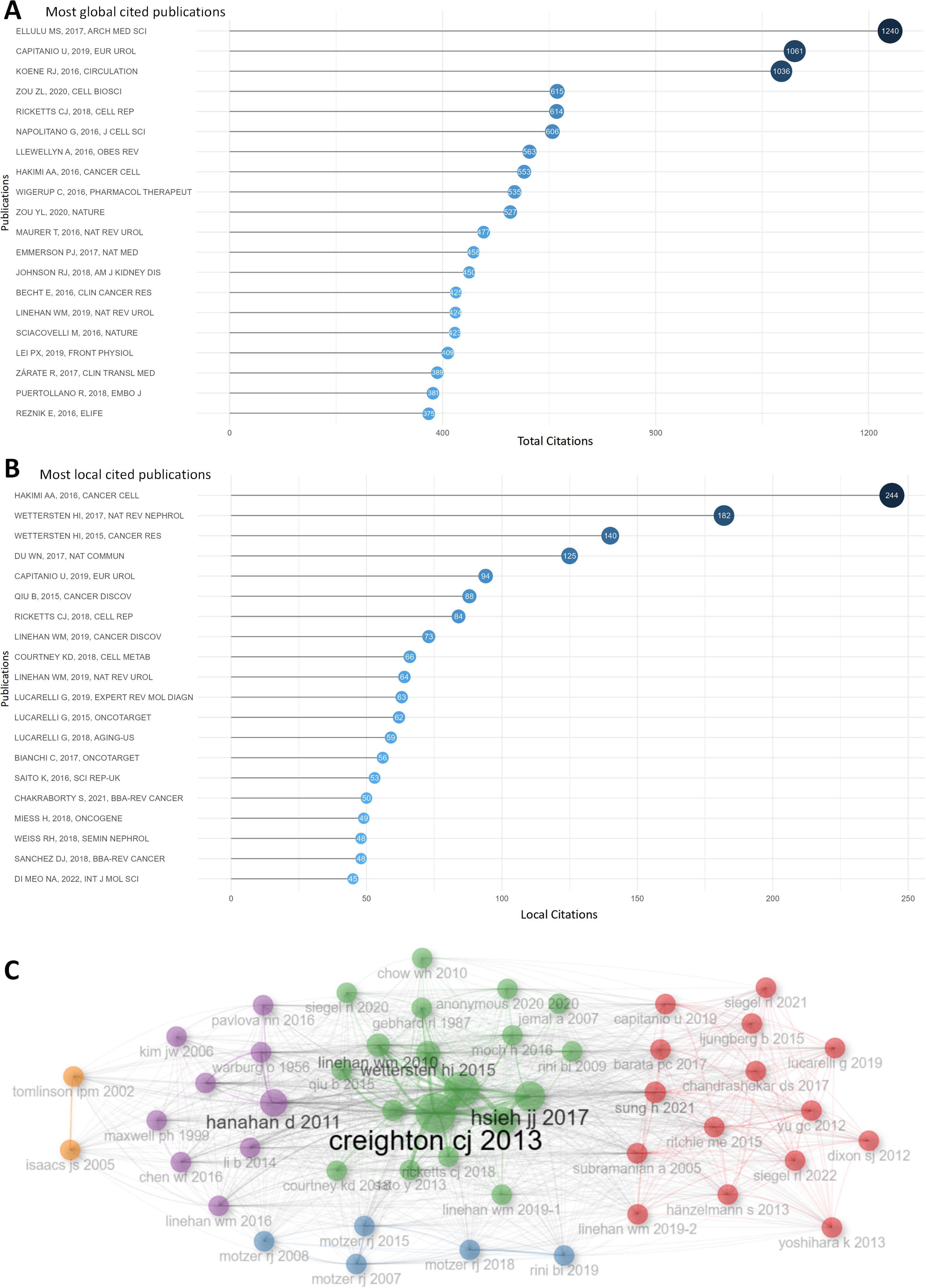 Graph A shows global citation counts for various publications, with the highest at 1240. Graph B displays local citation counts, peaking at 244. Graph C is a network visualization highlighting key publications, with “creighton cj 2013” prominently featured at the center.