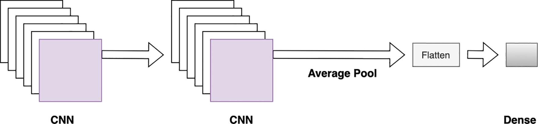 Diagram of a neural network architecture. It consists of two CNN layers shown as stacked squares, followed by an average pooling layer. This is connected to a flatten layer, and concludes with a dense layer.