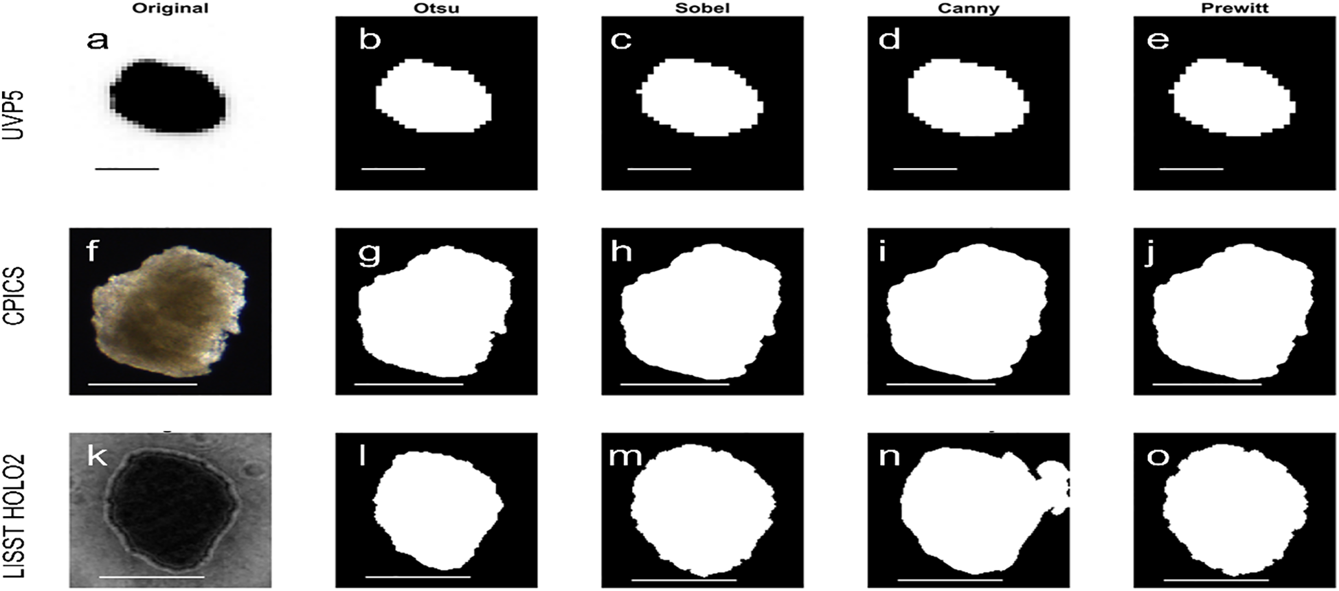 Grid of three rows displaying standard particle images processed withdifferent algorithms. Each row shows an original image followed by segmented imagesusing Otsu, Sobel, Canny, and Prewitt methods. Rows represent UVP5, CPICS, and LISSTHOLO2 instrument.